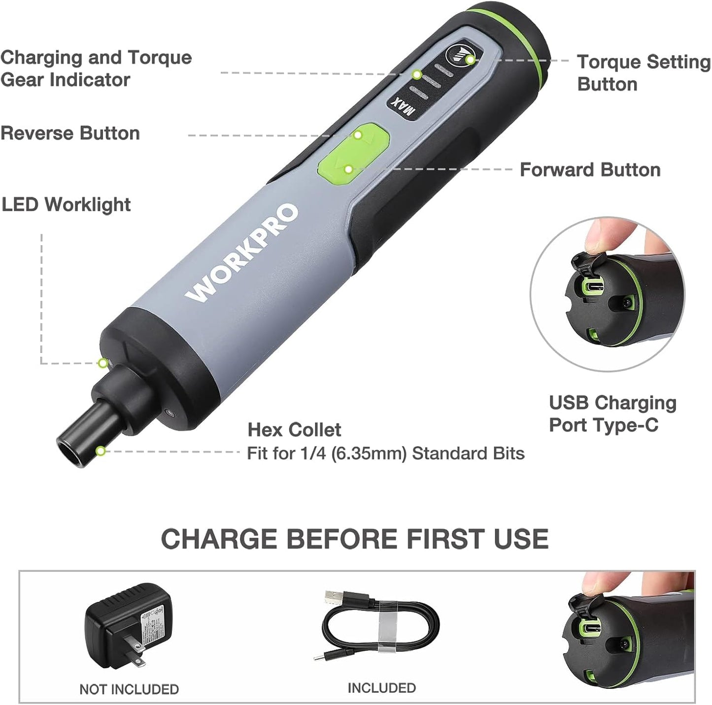 WORKPRO 4V Electric Screwdriver, Rechargeable Cordless Screwdriver Set with 35 Bits, Extension Rod, USB Charging Cable in Carrying Case, LED Light, Black Gray