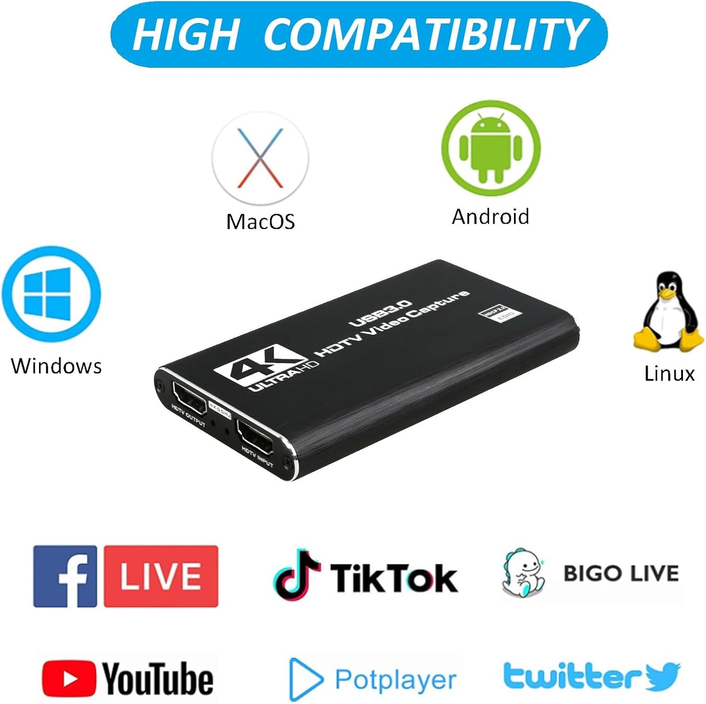 TCNEWCL 4K Audio Video Capture Card, USB 3.0 HDMI Video Capture Device, Full HD 1080P, 3.5mm Audio Input, HDCP 2.2, for Game Recording Live Streaming Broadcasting