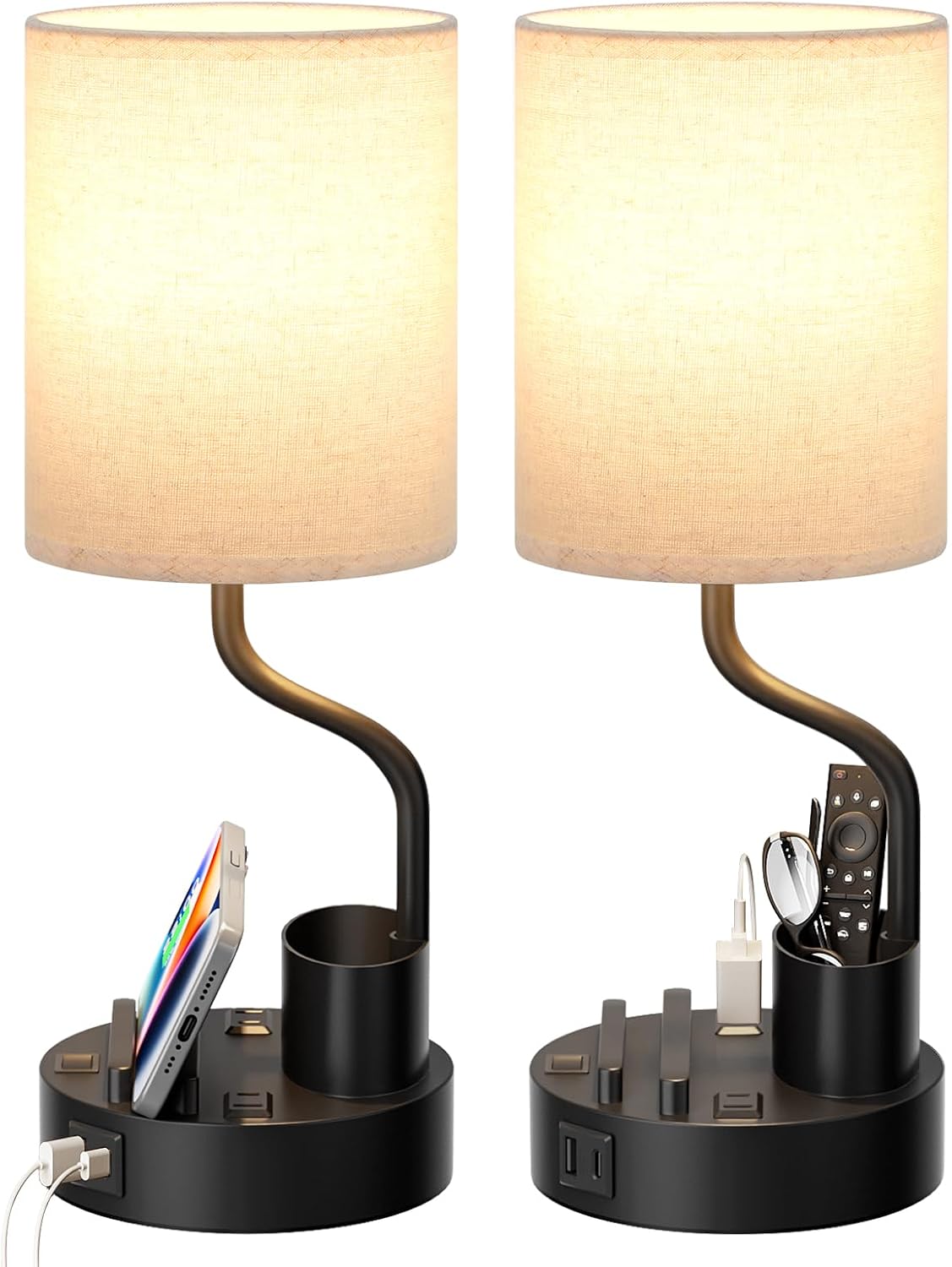 Fenmzee Bedside Lamps for Bedroom Set of 2 - Table Desk Lamp for Nightstand | 15" Table Lamp for Living Room with Pen Holder & Phone Stand, USB A+C Port, AC Outlet, 3 Color Temperature, LED Bulb Included