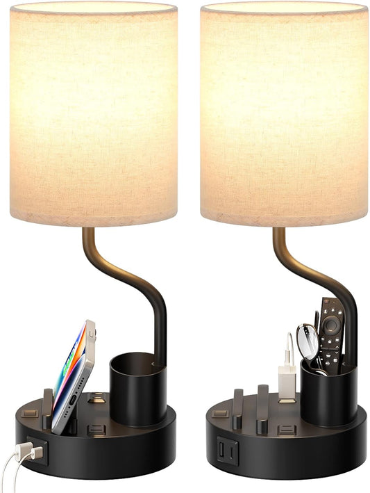 Fenmzee Bedside Lamps for Bedroom Set of 2 - Table Desk Lamp for Nightstand | 15" Table Lamp for Living Room with Pen Holder & Phone Stand, USB A+C Port, AC Outlet, 3 Color Temperature, LED Bulb Included