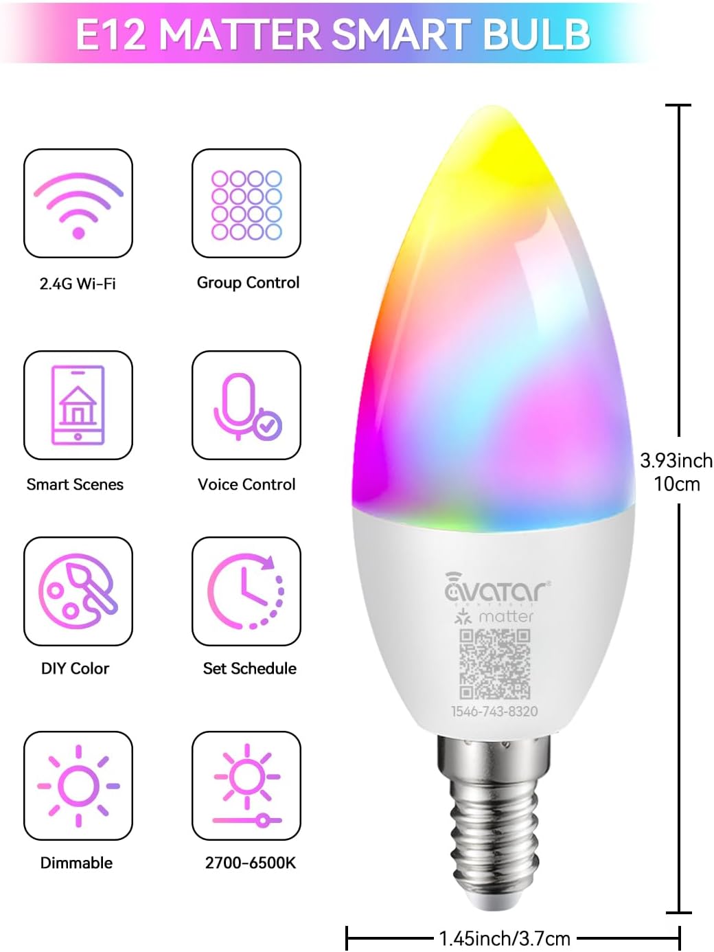 Matter E12 Candelabra Smart Bulb, No Dedicated App Needed, RGBCW WiFi