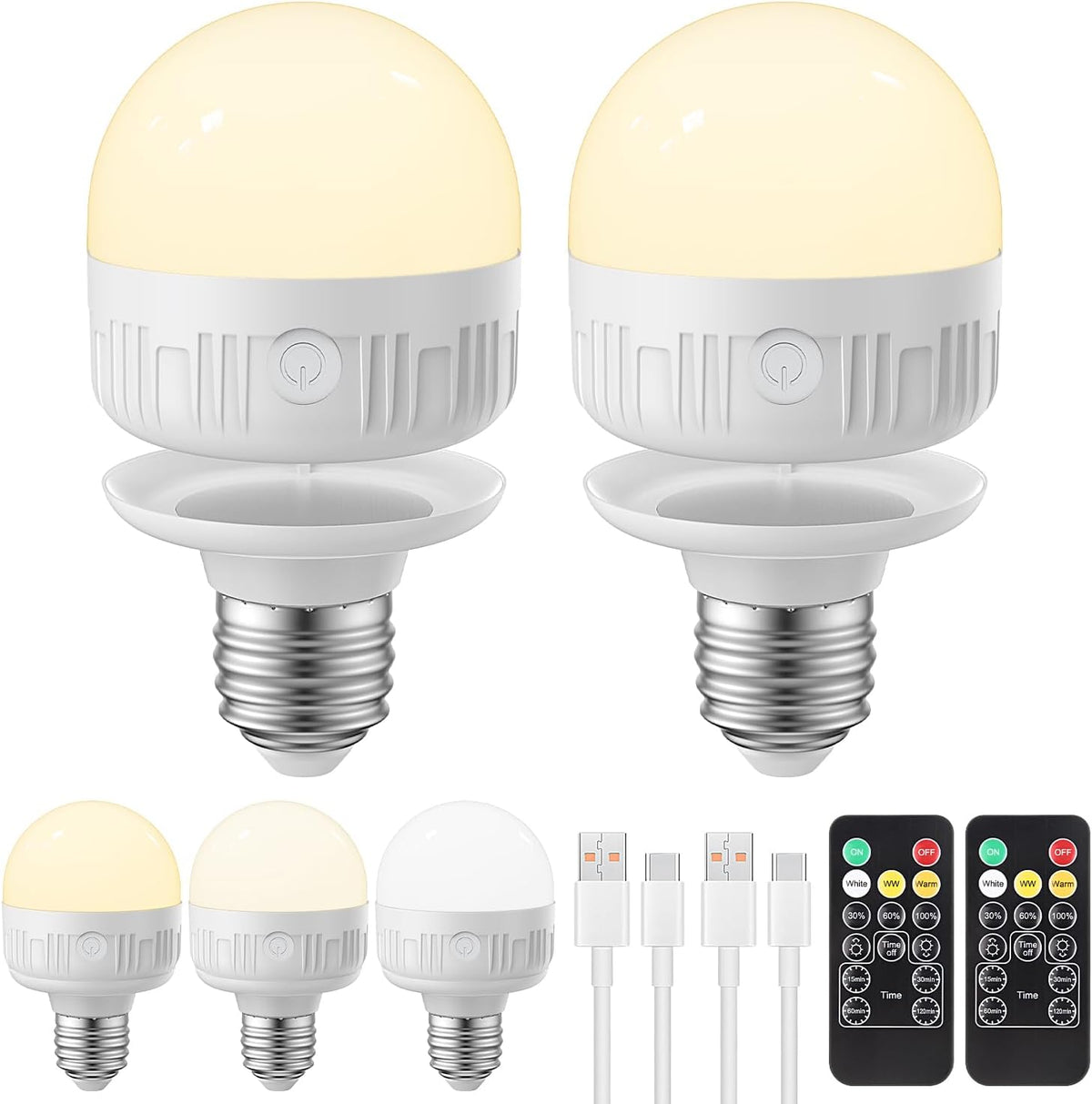 Rechargeable Light Bulb with Remote - E26 2Pack 5W 350LM Dimmable Detachable LED Bulb 3 Color Temperature Options & 3 Timer, 2000mAh Battery Operated Magnetic Bulbs, Bulbs for Non-Hardwired Fixture