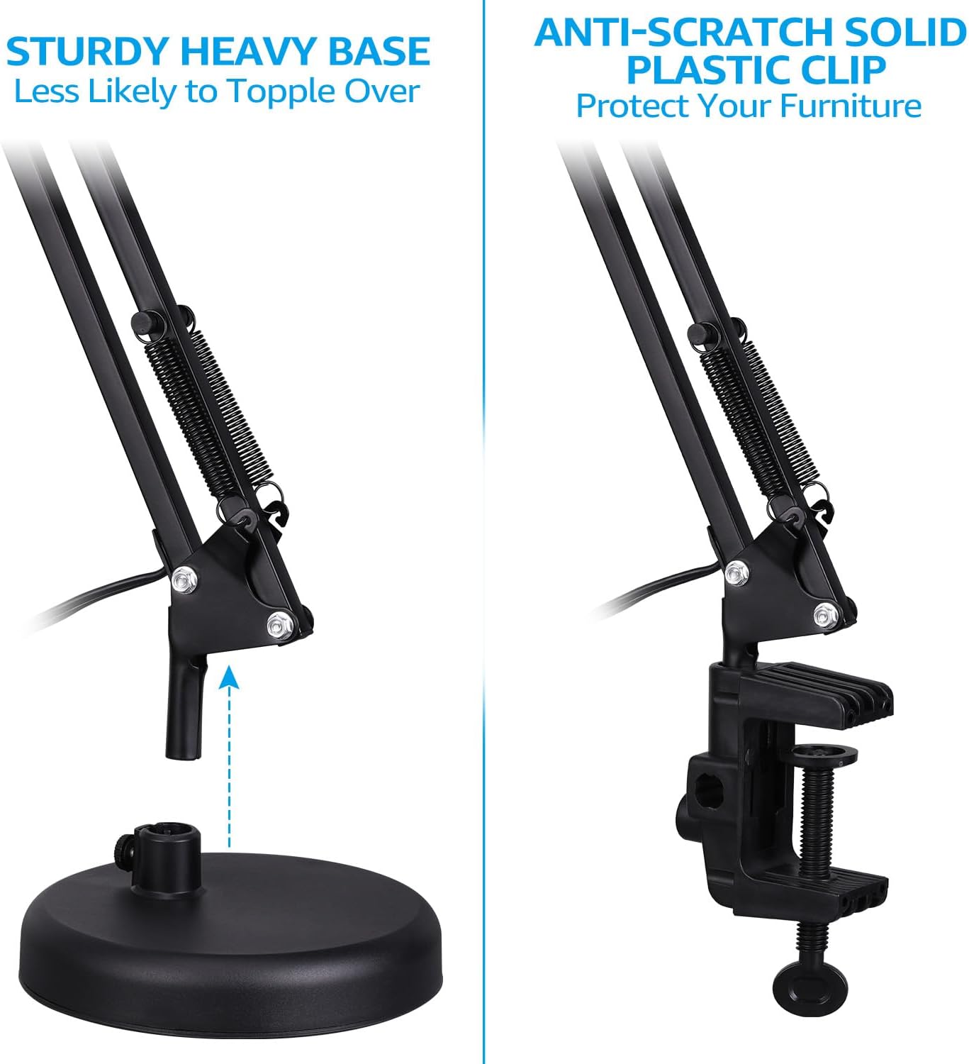 TORCHSTAR Metal Desk Lamp, Adjustable Swing Arm, E26, Black | Architect Gooseneck Multi-Joint Clip Table Lamp with Plastic Clamp, for Home Office, Work, Study, Reading, Bulbs not Included