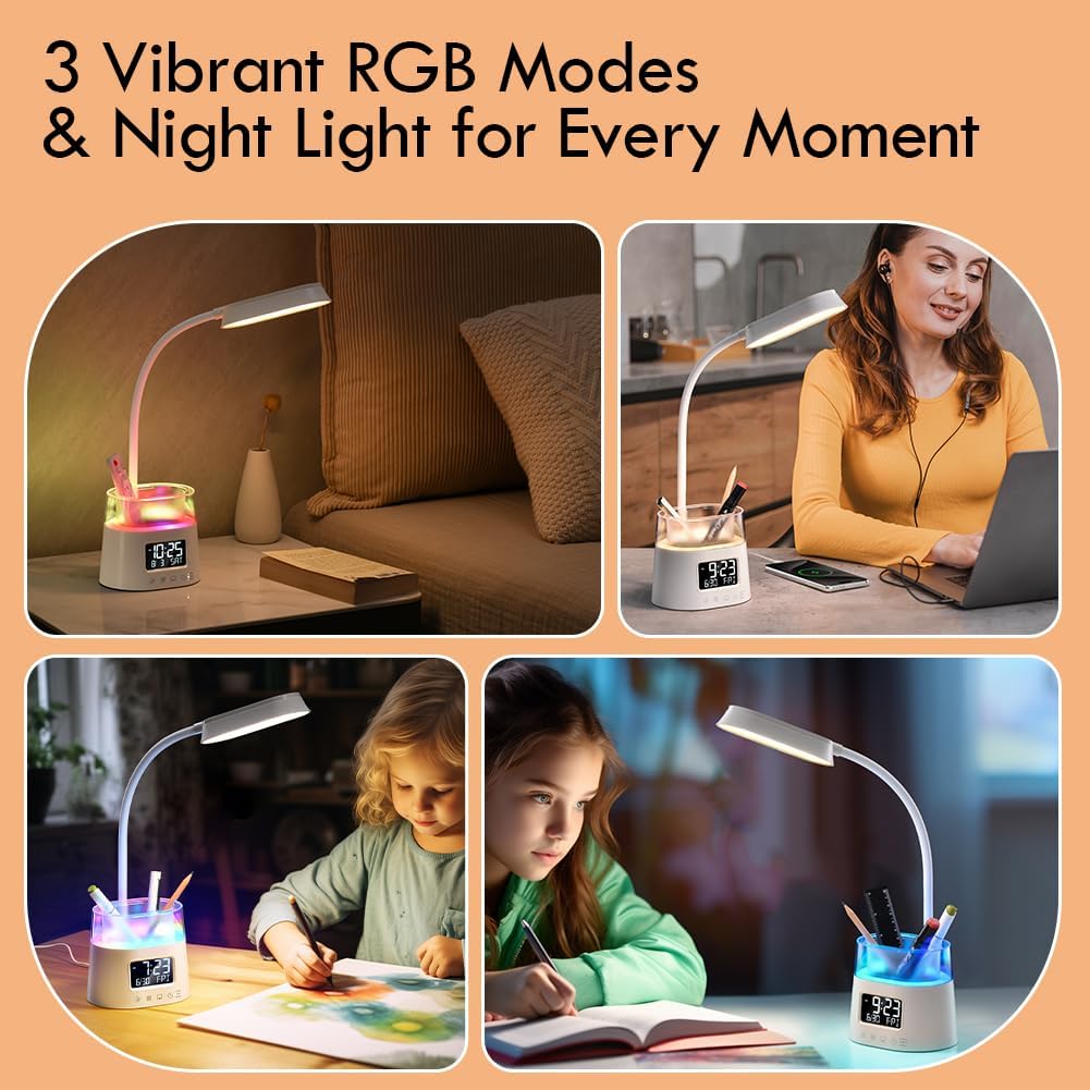 WILIT LED Desk Lamps for Home Office with Pen Holder, Table Lamp for Bedroom with USB Charging Port &amp; Clock, RGB Night Light, Study Lamp for Kids Girls, Desk Light for College Dorm Room Essentials