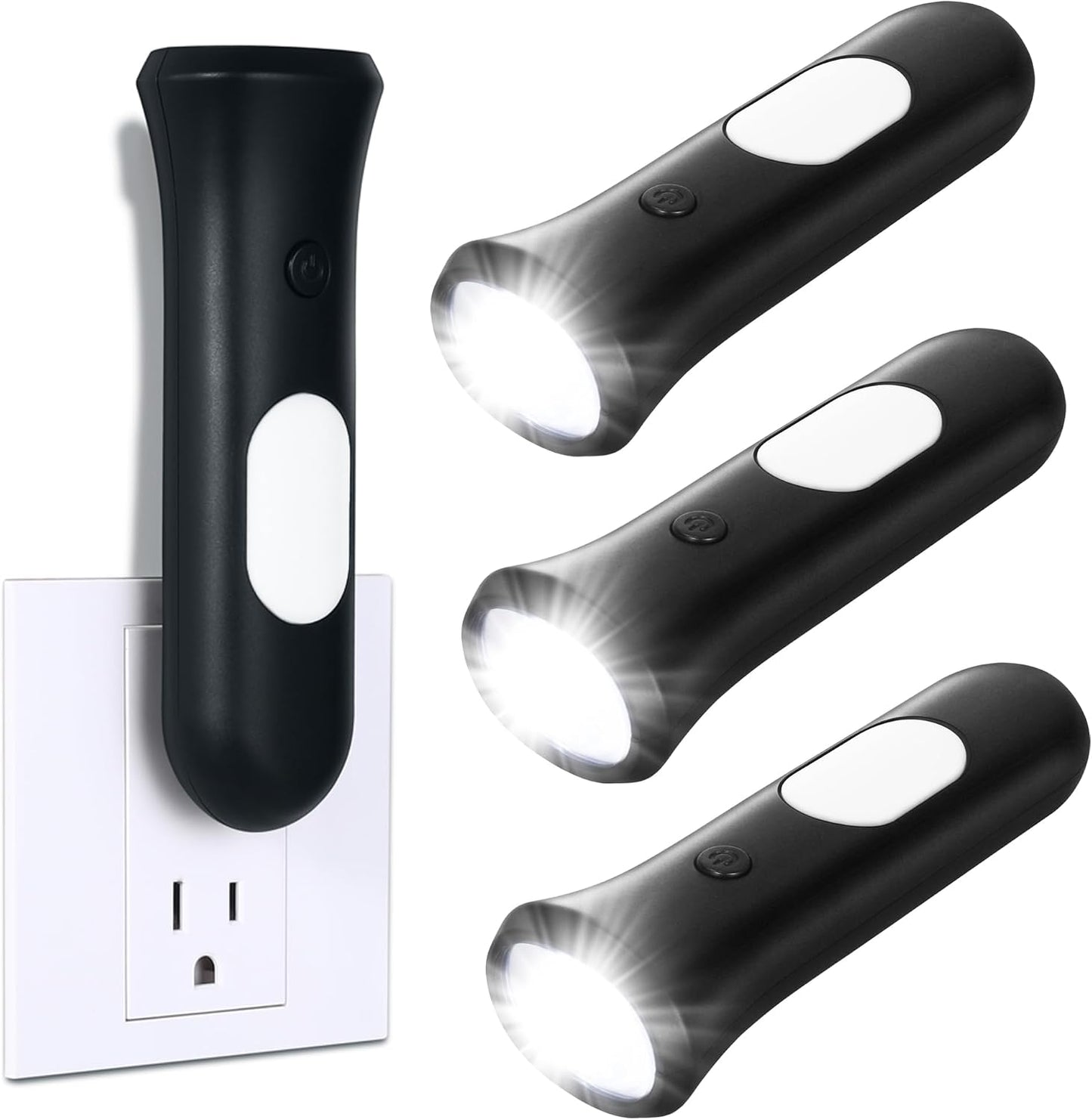 ROSSEX 4 in 1 Emergency Lights for Home Power Failure, 3 Pcs Rechargeable LED Flashlight Plug in Wall, Automatic Turn-On Power Outage Night Light Flashlight for Hurricane Preparedness Items, Black