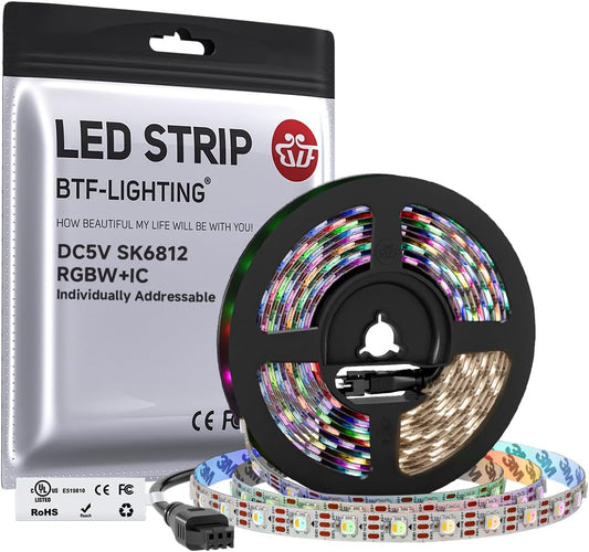 BTF-LIGHTING RGBW RGB+Natural White SK6812 (Similar WS2812B) 4 Colors in 1 LED Strip Individually Addressable 16.4ft 60Pixel/m 300LED UL Listed IP30 DC5V White PCB (No Adapter or Controller)