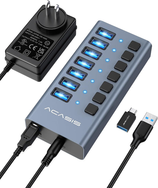 ACASIS Powered 7 Ports USB 3.2 Hub, 10Gbps Data Transfer, 24W Adapter | Individual On/Off Switch for Each Port • Aluminum Housing • Better Heat Dissipation • Plug & Play