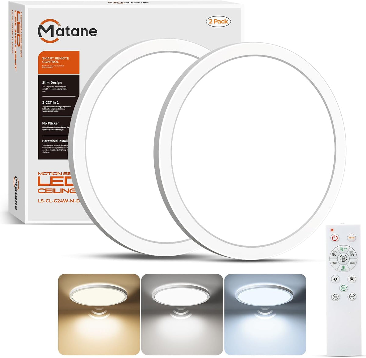 Matane 2Pack Motion Sensor LED Ceiling Light with Remote, 12 Inch Wired Flush Mount Light 3000K 4000K 5000K, 2400LM Dimmable Motion Sensor Light Indoor for Closet Hallway Laundry Stairs New Version