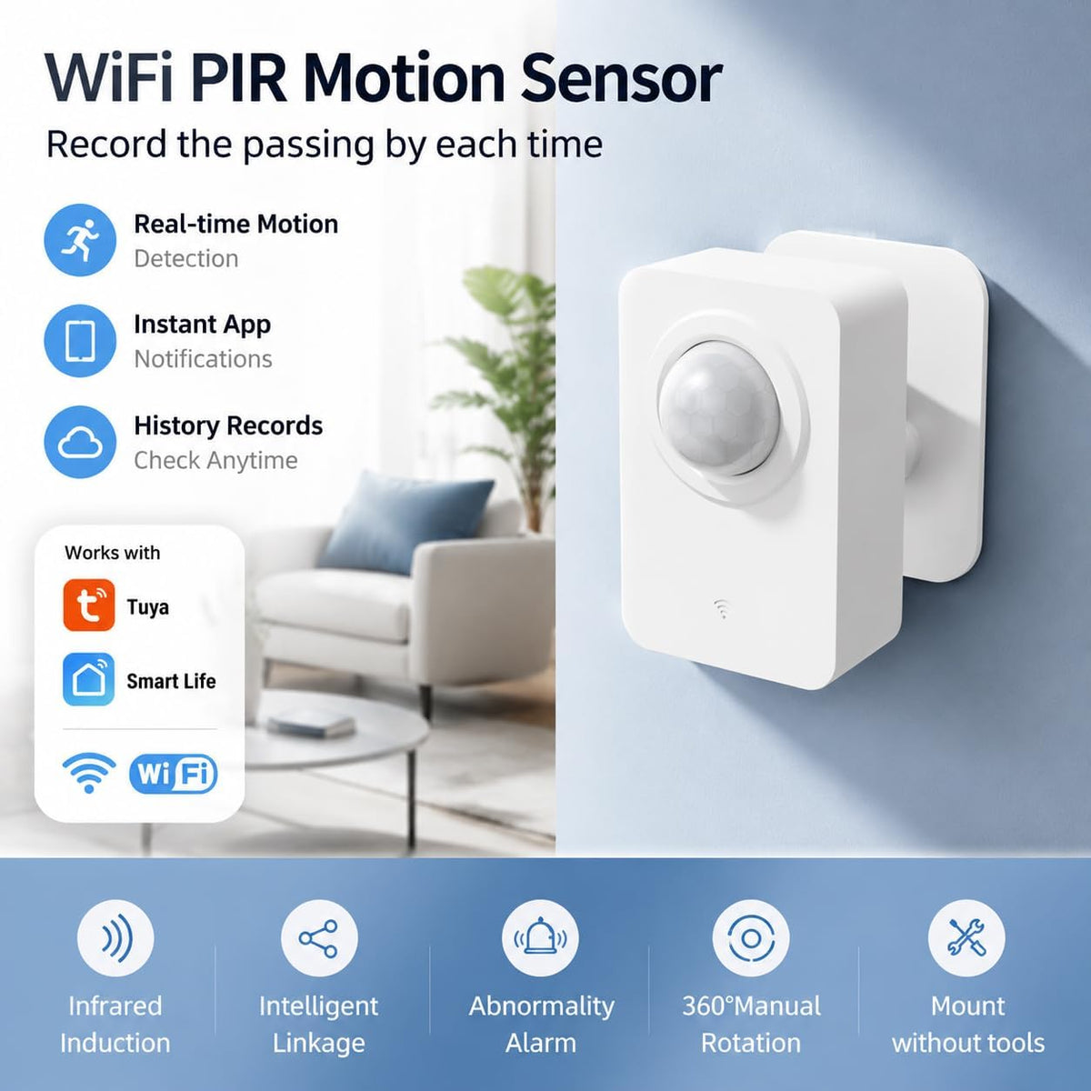 WiFi Motion Sensor for Home Security, Smart PIR Motion Detector with Free App Alerts, Smart Life Remote Monitoring, 2.4GHz Wireless Sensor, No Hub Required for Smart Home Automation