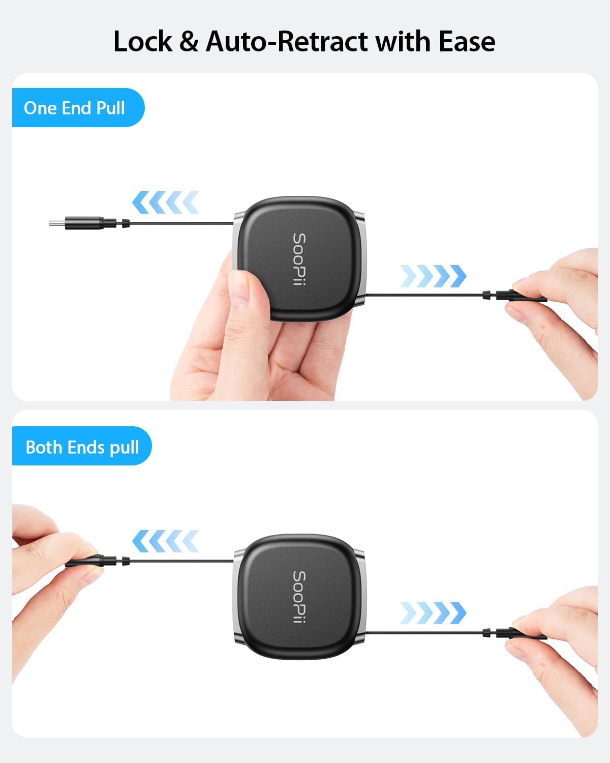 SOOPII 240W Retractable USB C Cable with Mag Snap Storage (2Pack 3.3FT) | Retractable USB C Fast Charging Cable with 5-Stage Length Preset Type C Cable for lPhone 17/16 Pro Max, Galaxy S25/24, Black