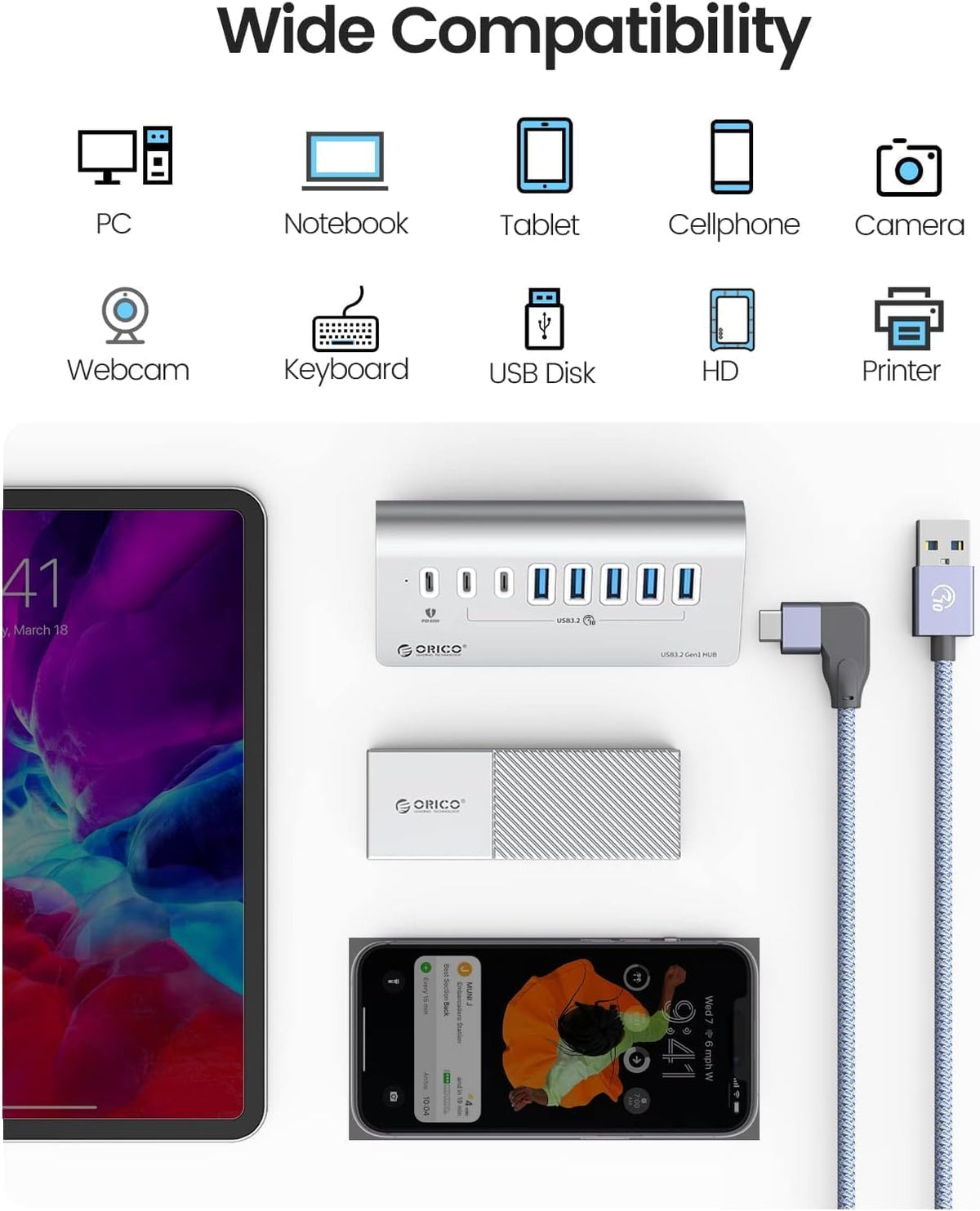 ORICO 7-Port USB 3.2 Gen2 Hub, Powered USB 3.2 Hub with 4 USB-A, 2 USB-C, PD 60W, 72W Power Adapter, 10Gbps Aluminium USB-Splitter with 3.28Ft USB-C to USB-C Cable for iMac, MacBooks, Mac mini