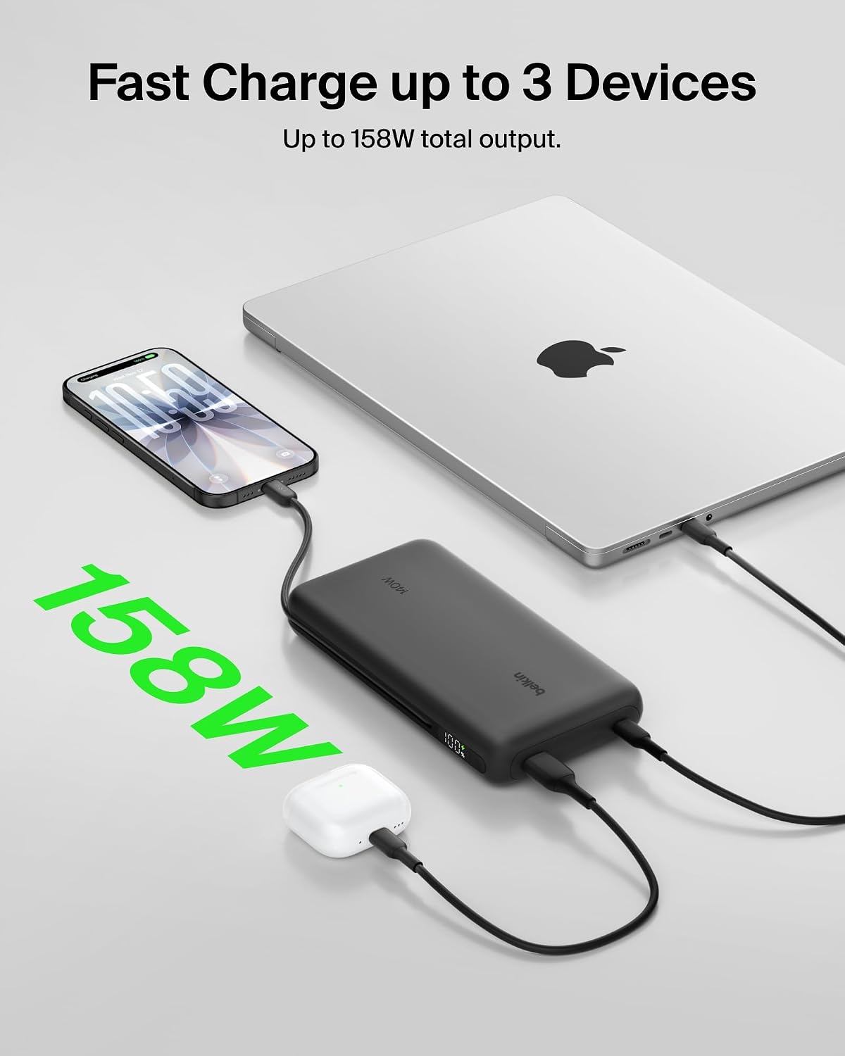 Belkin Portable Charger 25K, Power Bank with Integrated USB C Cable, 158W - Fast Charging Laptop Portable Battery Pack for MacBook Pro 14, iPhone 17 Series, iPad Pro, Galaxy S26, & More - Black
