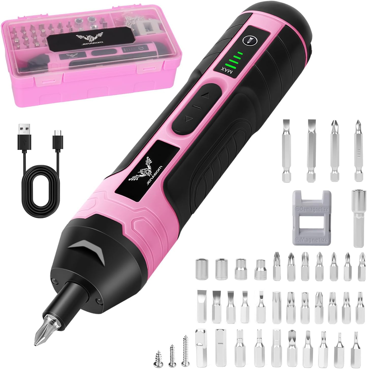 3.6V Electric Screwdriver Rechargeable, Cordless Screwdriver | Type-C Charging, 105 Pcs & Storage Box – Home DIY, Assembly, Furniture Installation, Repairs, Pink