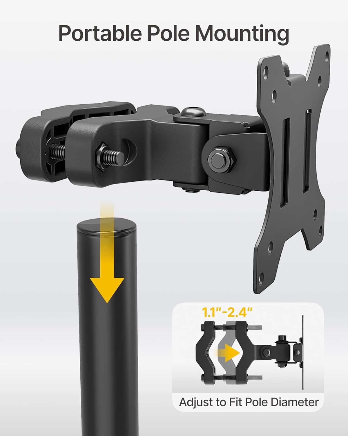 monTEK Pole Monitor Mount Bracket, Full Motion,17–32" Screen,Up to 17.6 Lbs | Lightweight Portable Pole Mount for 17–32"Monitors, Fits 1.1"–2.4" Poles, Ideal for Office, Classroom & Gaming Setups