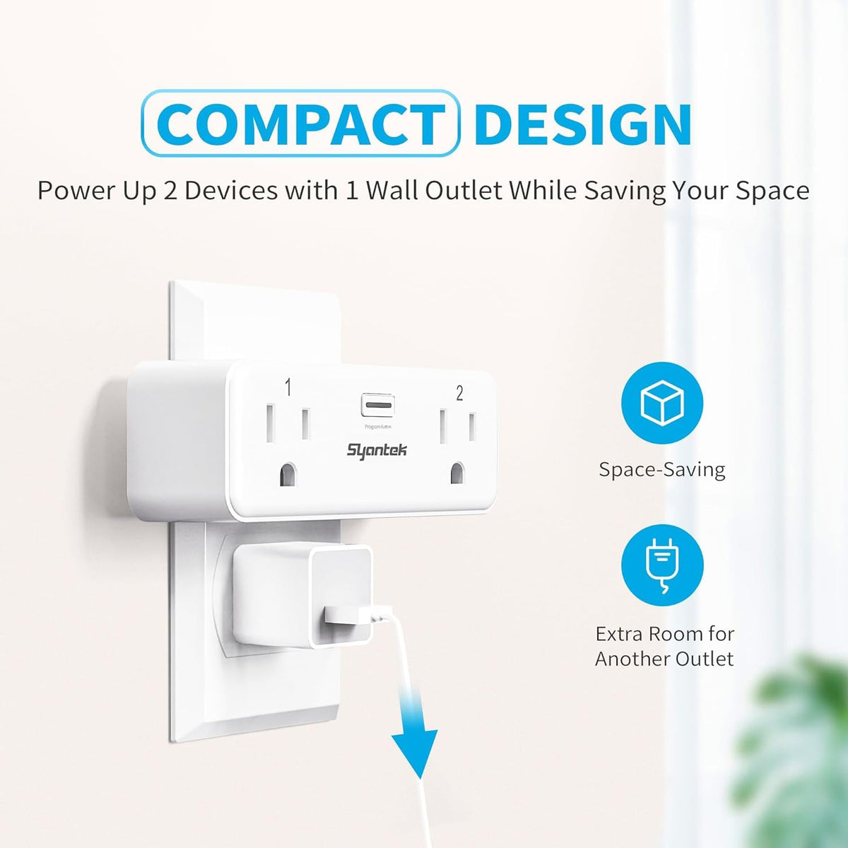 Syantek Remote Control Outlet with 2 Independent Control Sockets, Wireless Remote Light Switch Set, Remote Outlet Plug Up to 100 FT Range, 15A/1875W, White (1 Outlet + 1 Remote)