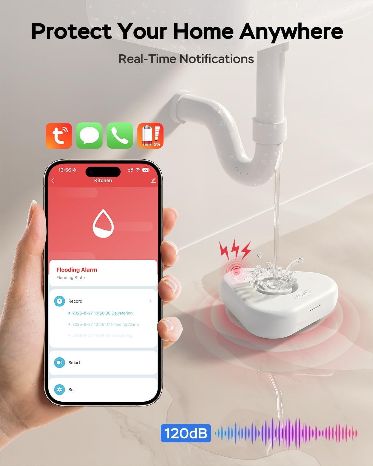 Water Detector Sensor,Water Leak Detectors for Home with App Alerts,Water Alarm with 120db Adjustable Alarm,500ft Transmission for Basement, Bathroom, Laundry, No Hub Required (Support 2.4G)