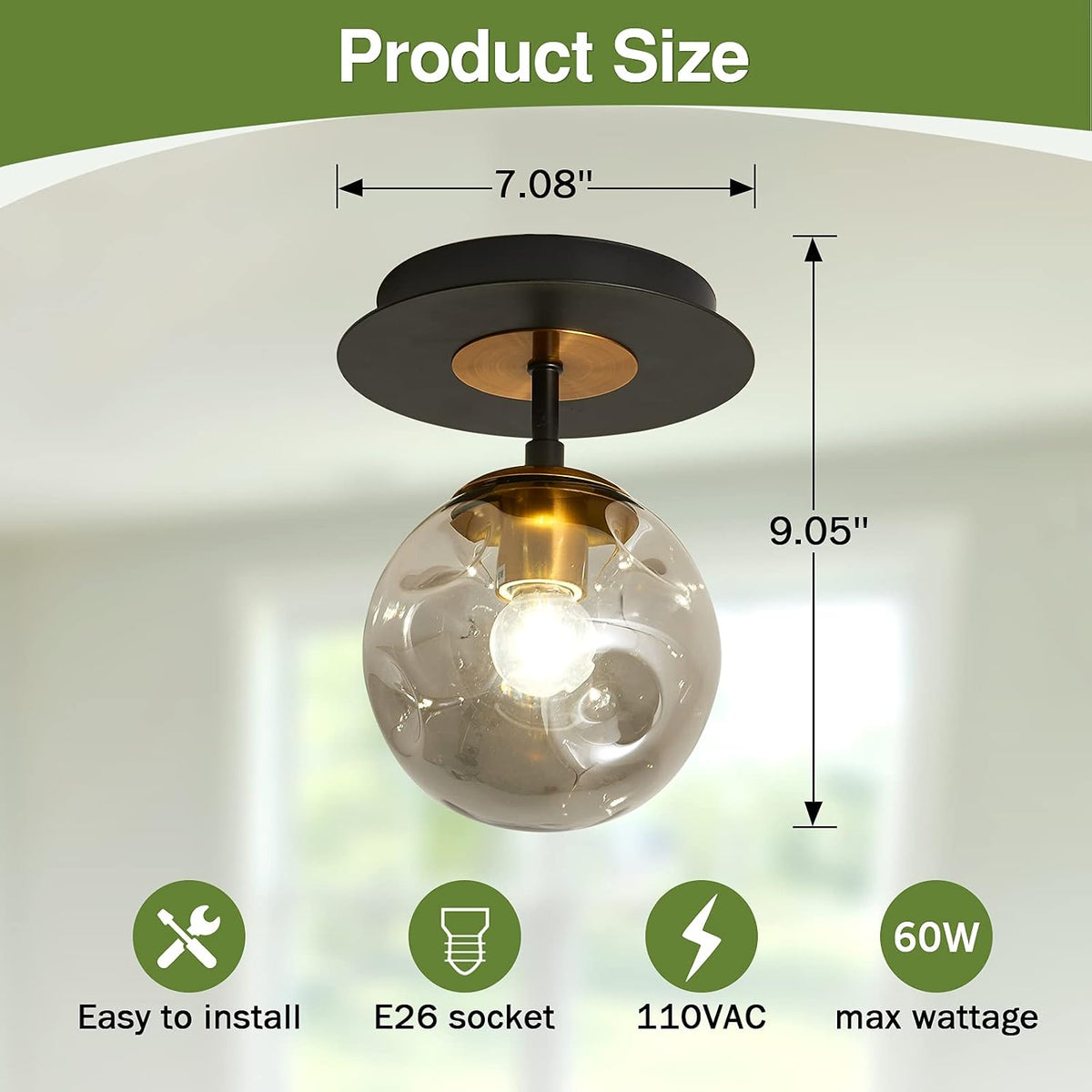 1-Light Mini Glass Globe Ceiling Light,Modern Semi Flush Mount Light Fixture,Black Ceiling Light for Hallway Aisle Porch Stairway Closet.
