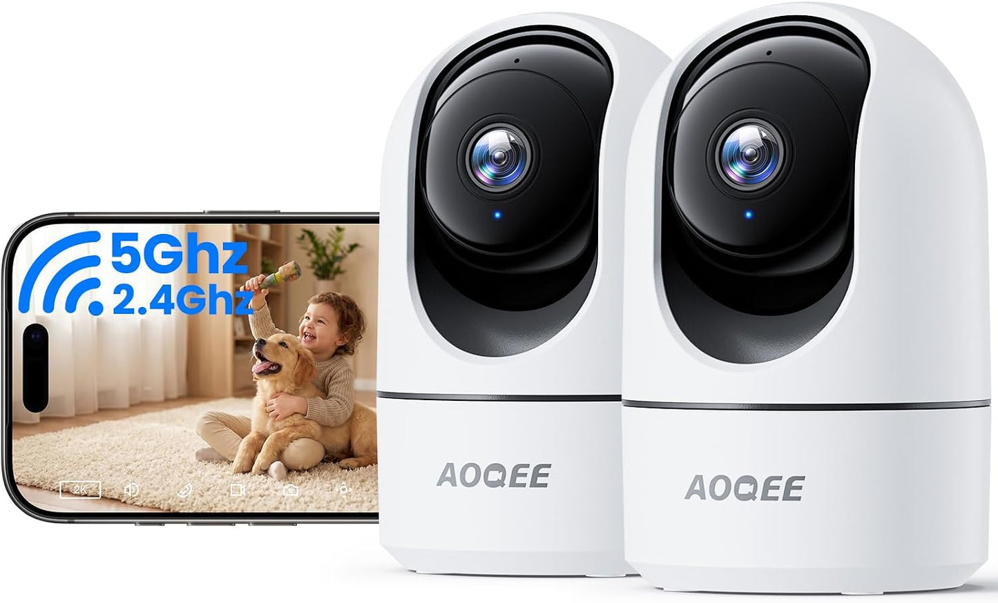 AOQEE 5G Indoor Camera-2K Pet Camera with Phone App, Dual-Band Wi-Fi Cameras for Home Security, 360° PTZ Auto-Tracking to Monitor Dog/Cat/Puppy, Motion Alert, 24/7 TF Card Storage, Plug-in, G5 2pack