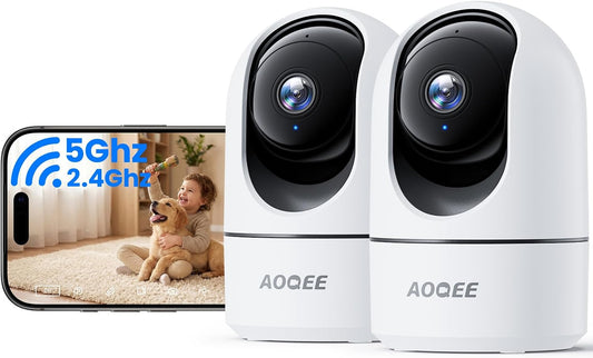 AOQEE 5G Indoor Camera-2K Pet Camera with Phone App, Dual-Band Wi-Fi Cameras for Home Security, 360° PTZ Auto-Tracking to Monitor Dog/Cat/Puppy, Motion Alert, 24/7 TF Card Storage, Plug-in, G5 2pack