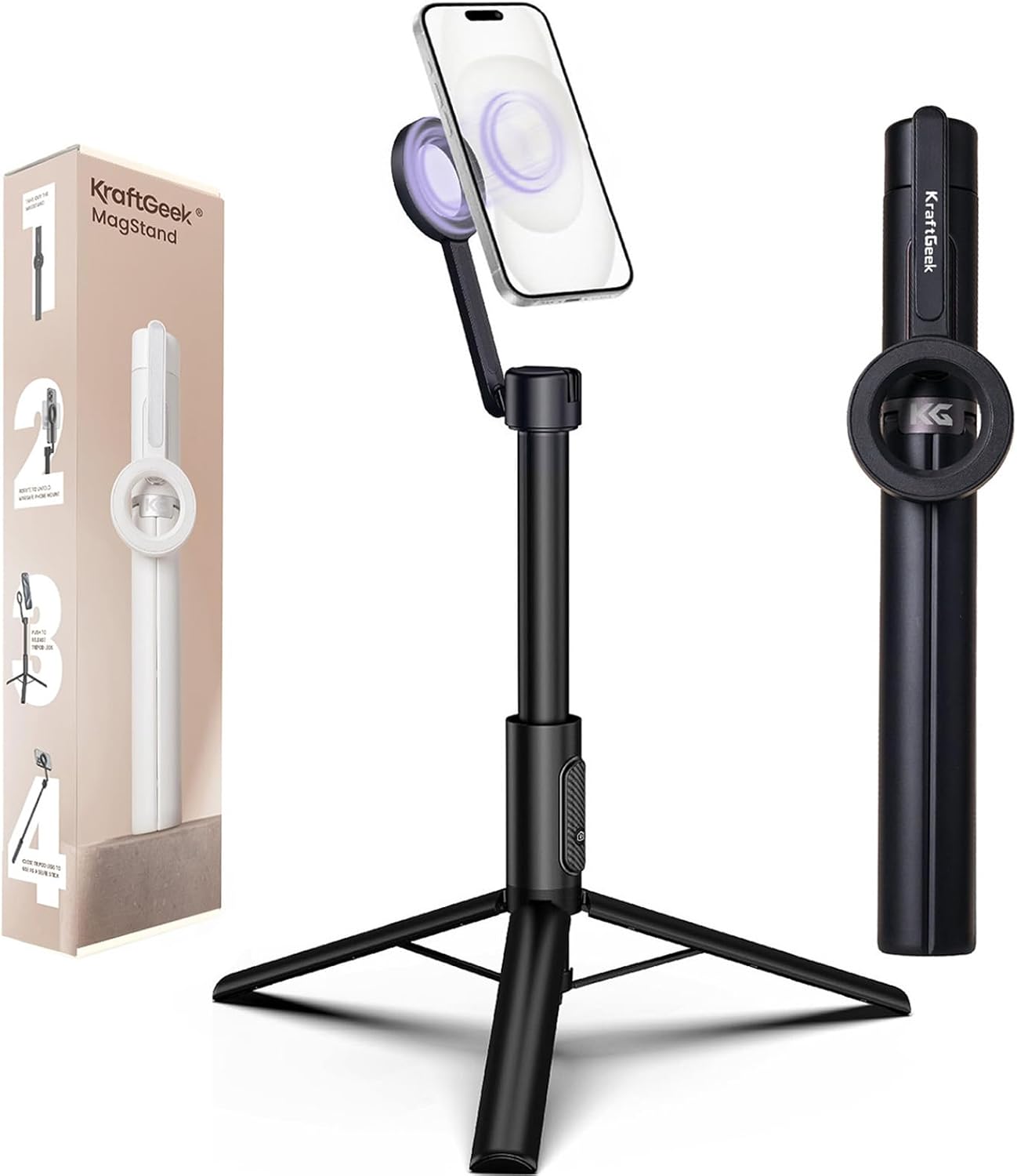 KraftGeek Magnetic Phone Tripod for iPhone, 64" Selfie Stick for Magsafe | N52 Magnetic Mount, Reinforced Aluminum, Portable Cell Phone Tripod Stand with Remote for Travel, Vlogging & Video Recording