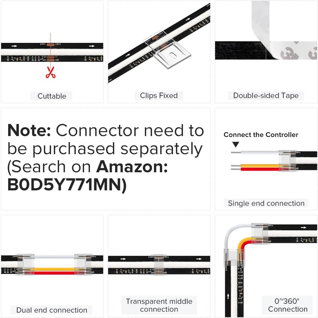 BTF-LIGHTING WS2811 Smart IC RGB FCOB COB LED Strip, UL Listed 720LEDs/m High Density Color Chasing Uniform Light, DC12V 16.4FT 12mm Width Black PCB for Home Party DIY Decor(No Adapter or Controller)
