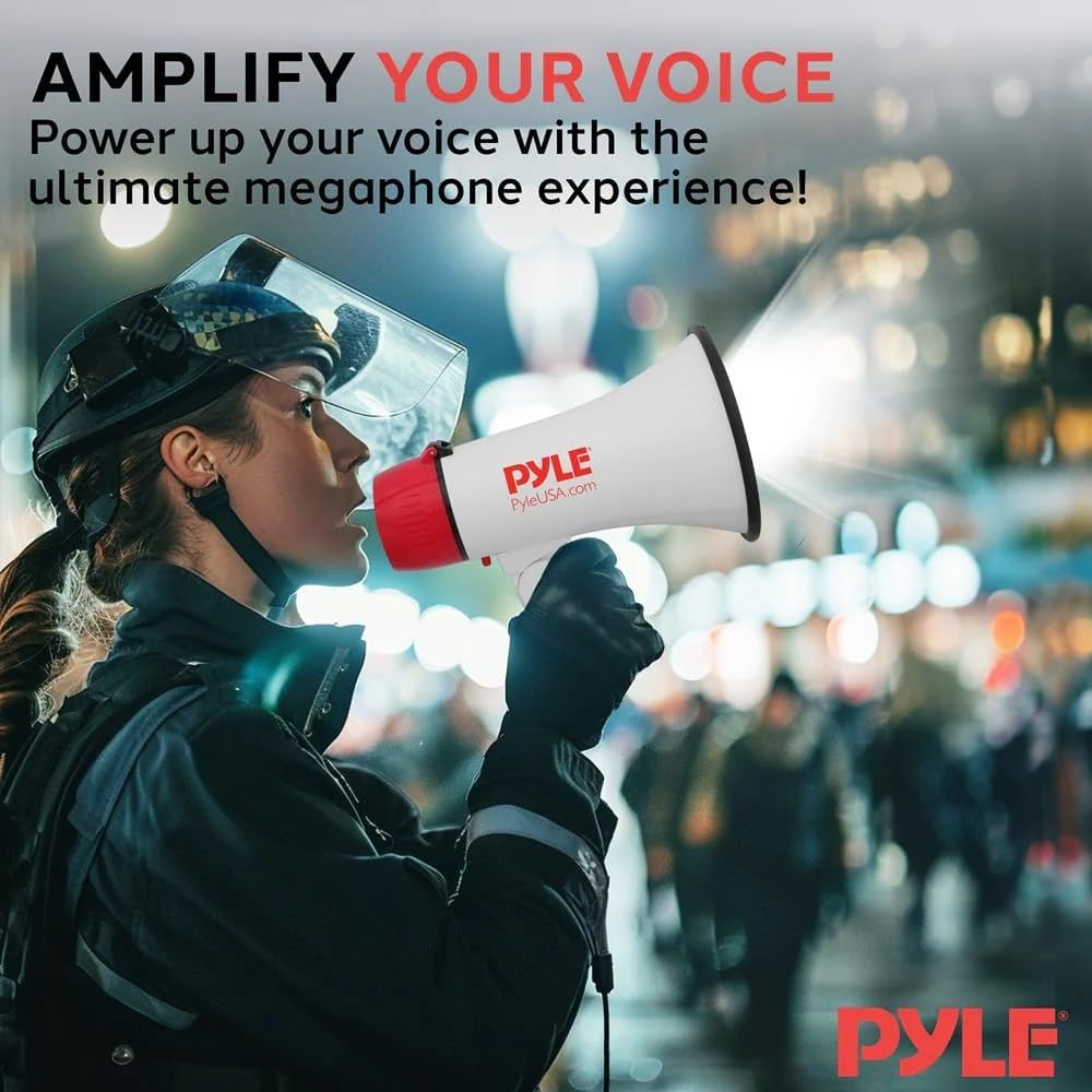 Pyle 30W Megaphone Bullhorn with Built-in Siren, LED Lights, Adjustable Volume Control, 800-Yard Range, Lightweight & Portable - Ideal for Football, Soccer, Baseball, Cheerleading & Safety Drills