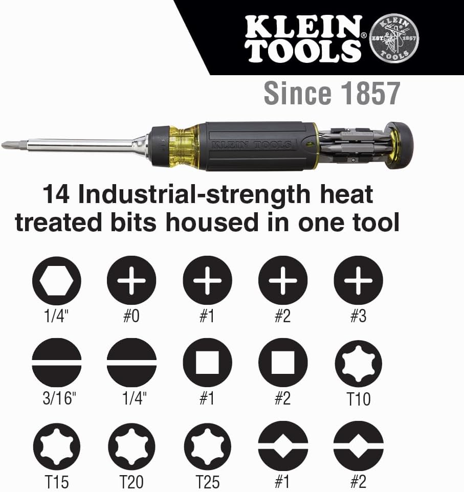 Klein Tools 32305 Multi-bit Ratcheting Screwdriver, 15-in-1 Tool with Phillips, Slotted, Square, Torx and Combo Bits and 1/4-Inch Nut Driver
