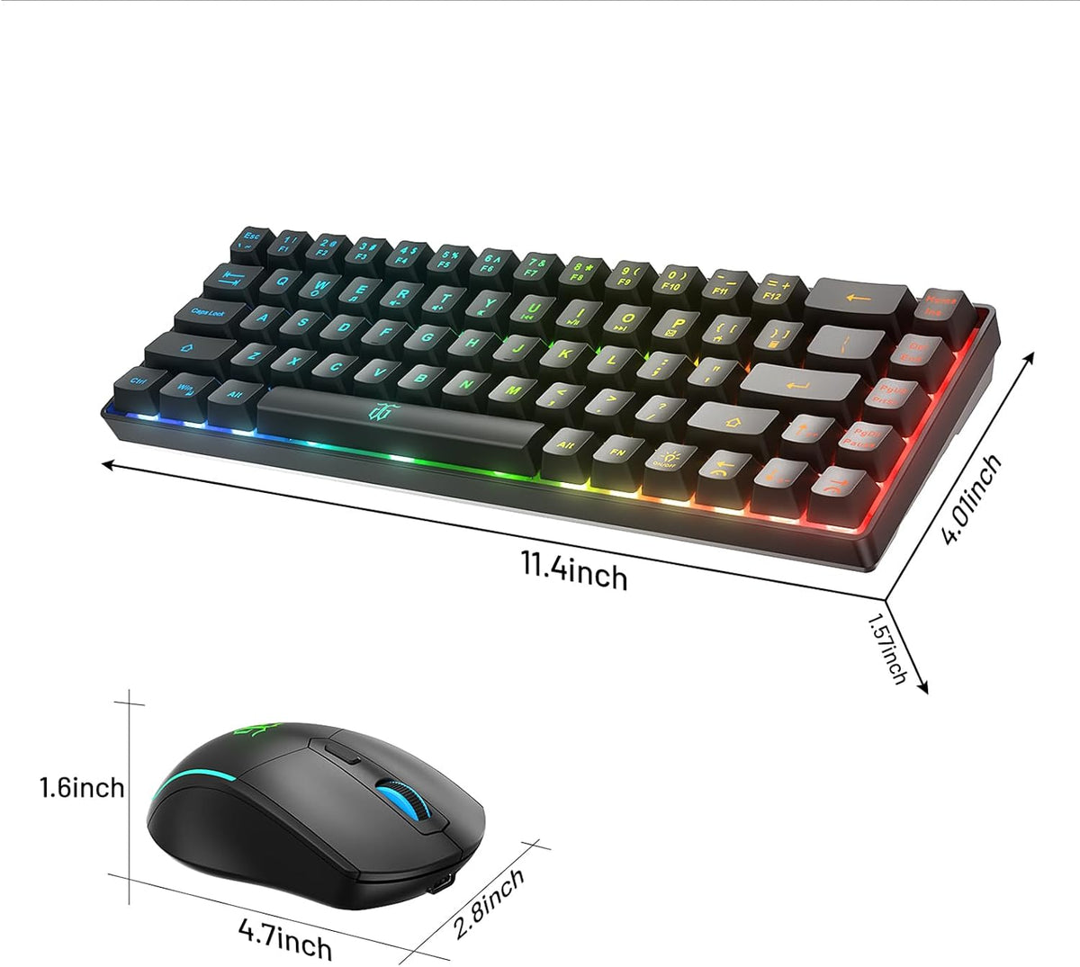 Snpurdiri 60% Wireless Gaming Keyboard and Mouse Combo, Black | LED Backlit Rechargeable 2000mAh Battery, Small Membrane Gaming Keyboard + Popular RGB Mice for Gaming, Business Office