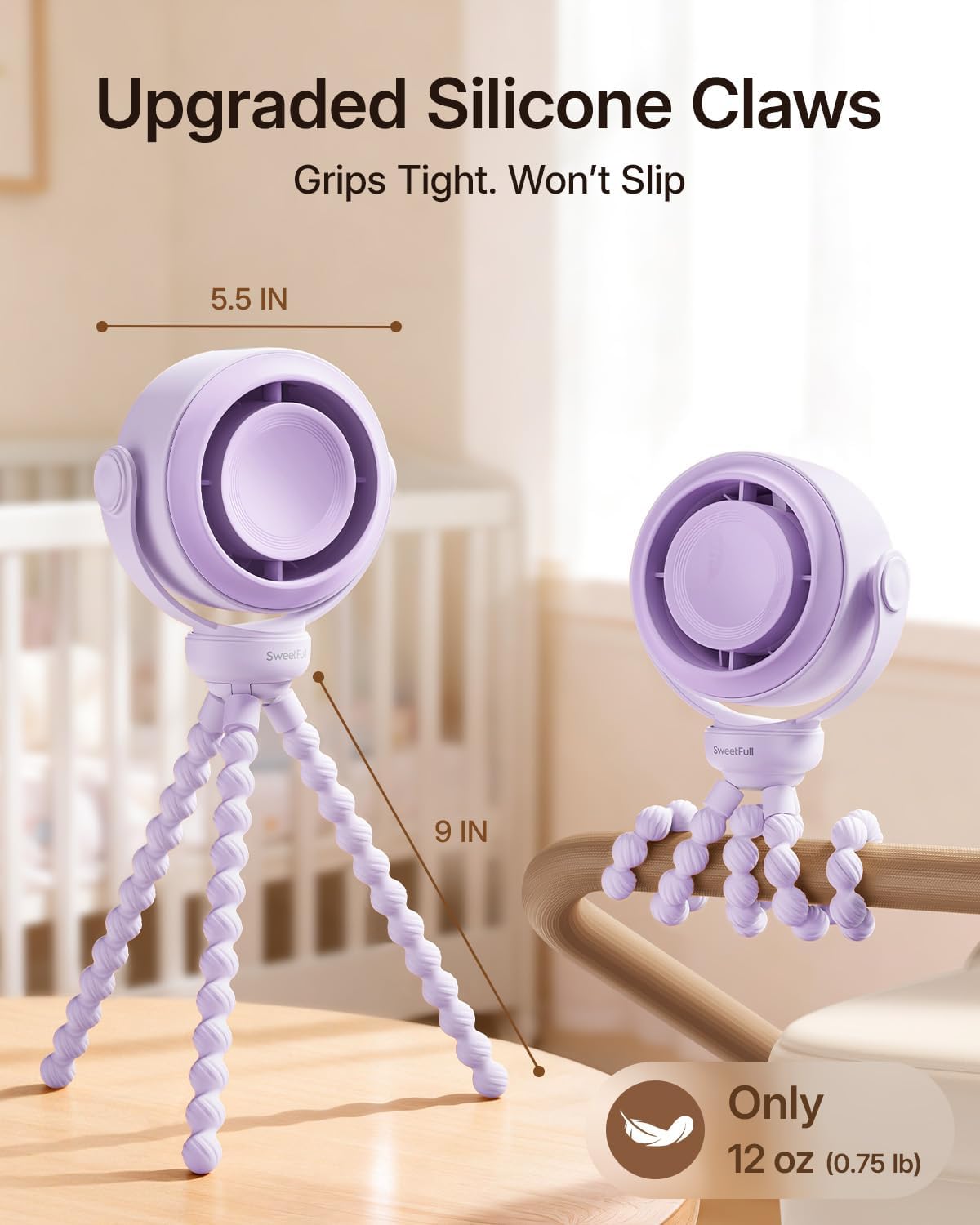 SWEETFULL Portable Stroller Fan, Pinch-Proof Baby Fan - Purple | Wide Turbine Airflow; Safe Design; LED Display; 5-Speed; 30dB Quiet; USB-C Rechargeable; Mini Clip On Fan for Car Seat & Bed