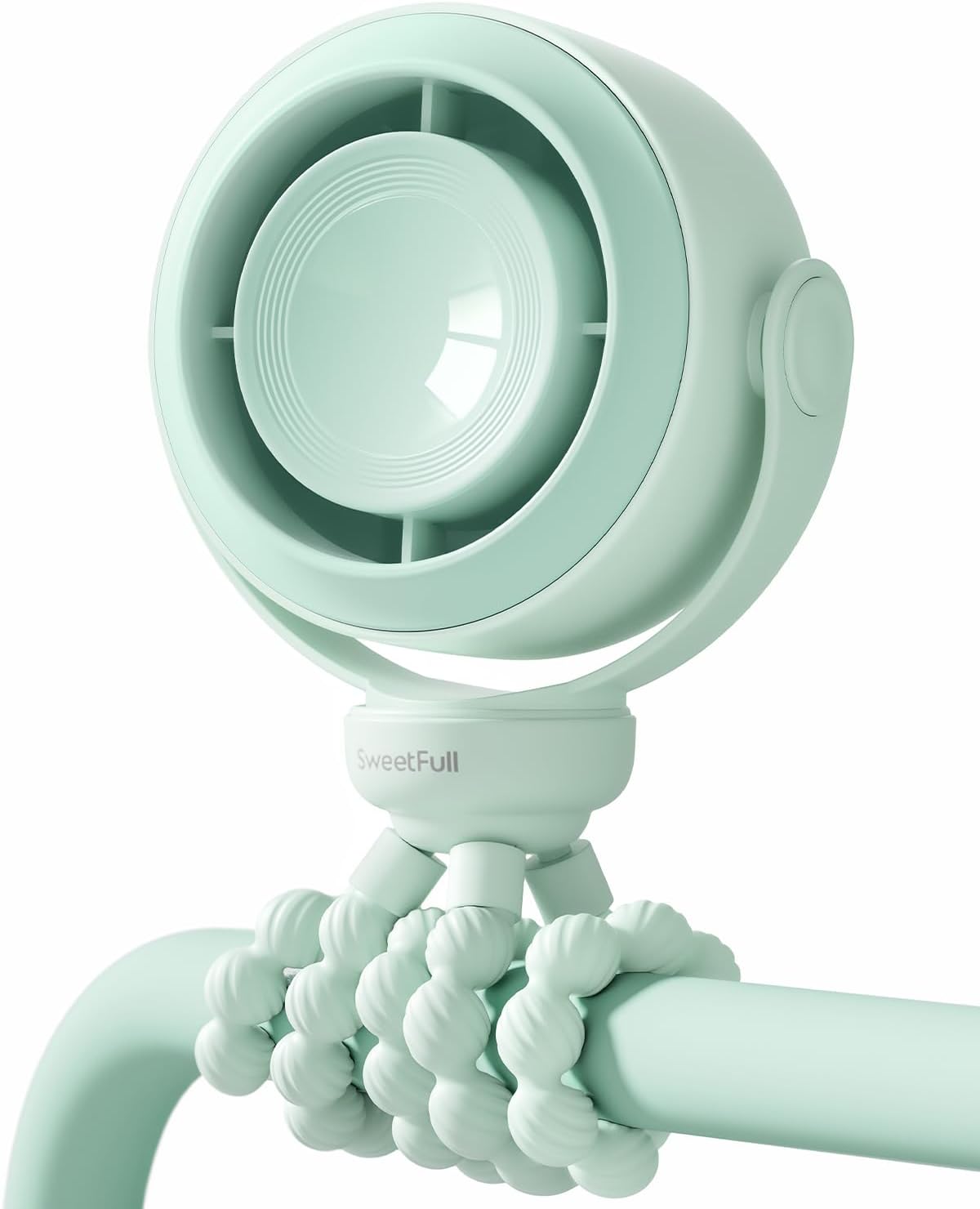 SWEETFULL Portable Stroller Fan, Pinch-Proof Baby Fan - Green | Wide Turbine Airflow; Safe Design; LED Display; 5-Speed; 30dB Quiet; USB-C Rechargeable; Mini Clip On Fan for Car Seat & Bed