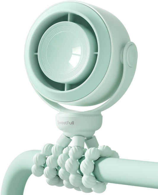 SWEETFULL Portable Stroller Fan, Pinch-Proof Baby Fan - Green | Wide Turbine Airflow; Safe Design; LED Display; 5-Speed; 30dB Quiet; USB-C Rechargeable; Mini Clip On Fan for Car Seat & Bed