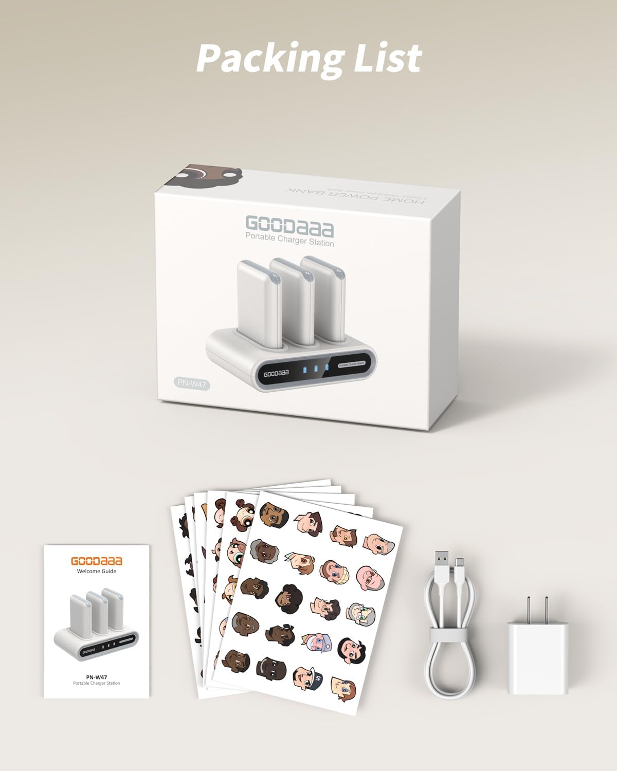 GOODaaa Portable Charger, 3-Pack 10000mAh Slim Power Bank Built in Cables, 3 Outputs 1 Inputs Family Power Hub for All Mobile Devices, Charging Station Set Includes 140 DlY Stickers, for Home,Office