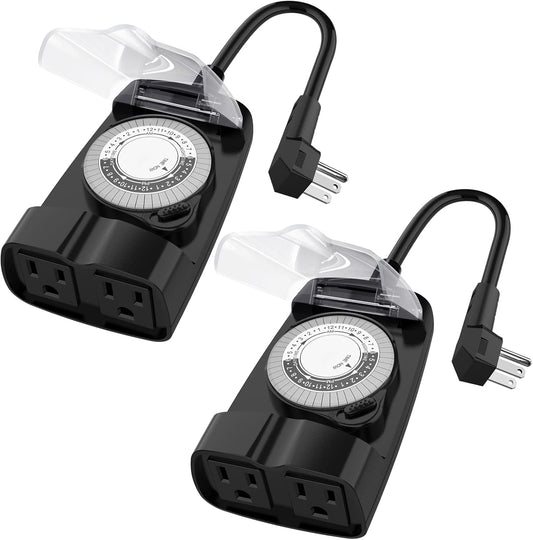 G-Homa 24 Hour Mechanical Outdoor Timer Outlet, Outdoor Timer for Lights, Waterproof, 2 Grounded Outlets, 15A 1/2HP, Heavy Duty, ETL Listed (2 Packs)