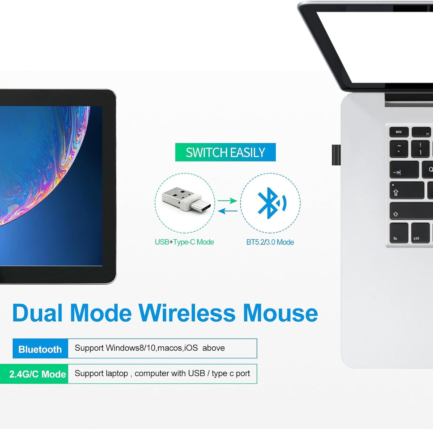 KLO Rechargeable Bluetooth 5.2/3.0/Type-C/USB-2.4G Mouse for MacBook/MacBook air/Pro/iPad, Wireless Mouse for Laptop/Notebook/pc/iPad/Chromebook (White)
