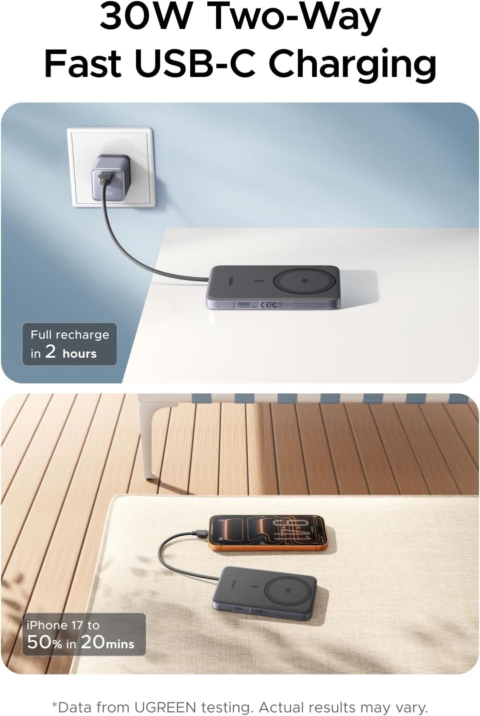 UGREEN Magflow Air 10000mAh Qi2 15W Wireless Power Bank Built-in Cable | Built-in USB-C cable, 30W PD, Qi2 15W wireless. MagSafe compatible. Ultra-slim for iPhone 17/16/15/14 Pro Max
