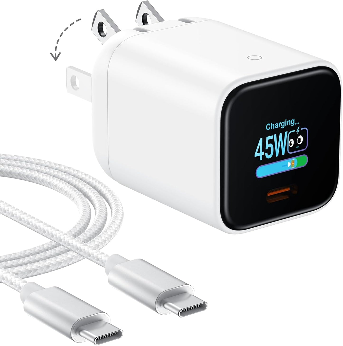 Smart Charging Butler–45W GaN Display Fast Charger with 6.6ft C-to-C Cable | Fast Charging,Active cooling,90° Foldable Plug,Real-Time Power Display,Smart Device Recognition,Care Mode,for iPhone 17/16/15