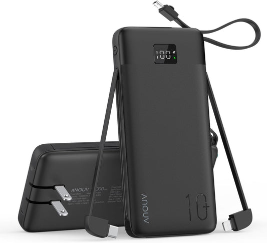 Portable Charger 10000mAh Power Bank w/Built-in 3 Cables & AC Wall Plug | 22.5W Fast Charging, Pass Through Charging, 0.68in Ultra Slim, TSA Approved, Travel Essential for iPhone/Samsung/iPad, Black