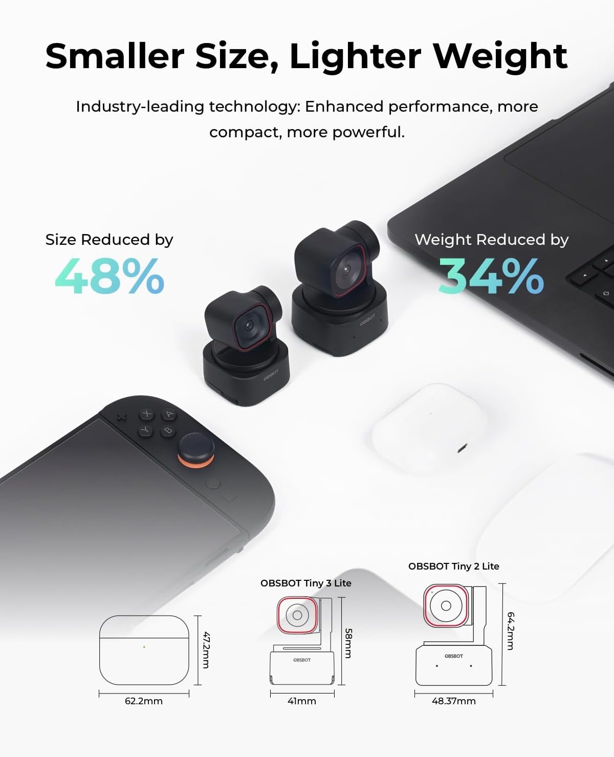 OBSBOT Tiny 3 Lite AI-Powered Spatial Audio 4K Webcam - Compact AI Tracking | PTZ Camera with 1/2" Sensor, Tri-Mic, Voice Control, 120FPS, HDR, Camera for PC, Mac, Laptop, Streaming, Meeting, Zoom, Teams