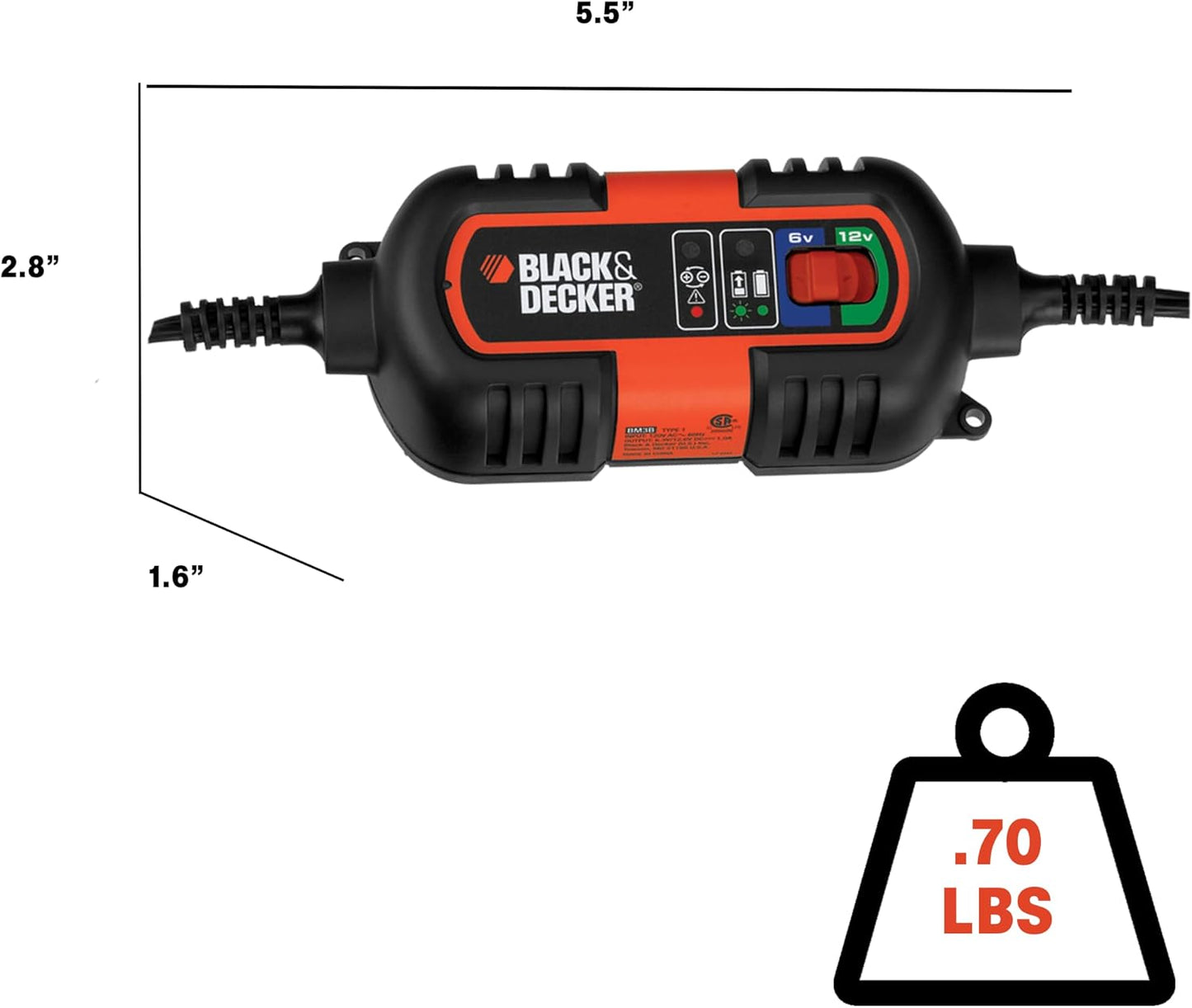 BLACK+DECKER BM3B Fully Automatic 6V/12V Battery Charger/Maintainer with Cable Clamps and O-Ring Terminals, Multi, 1.5 Amp