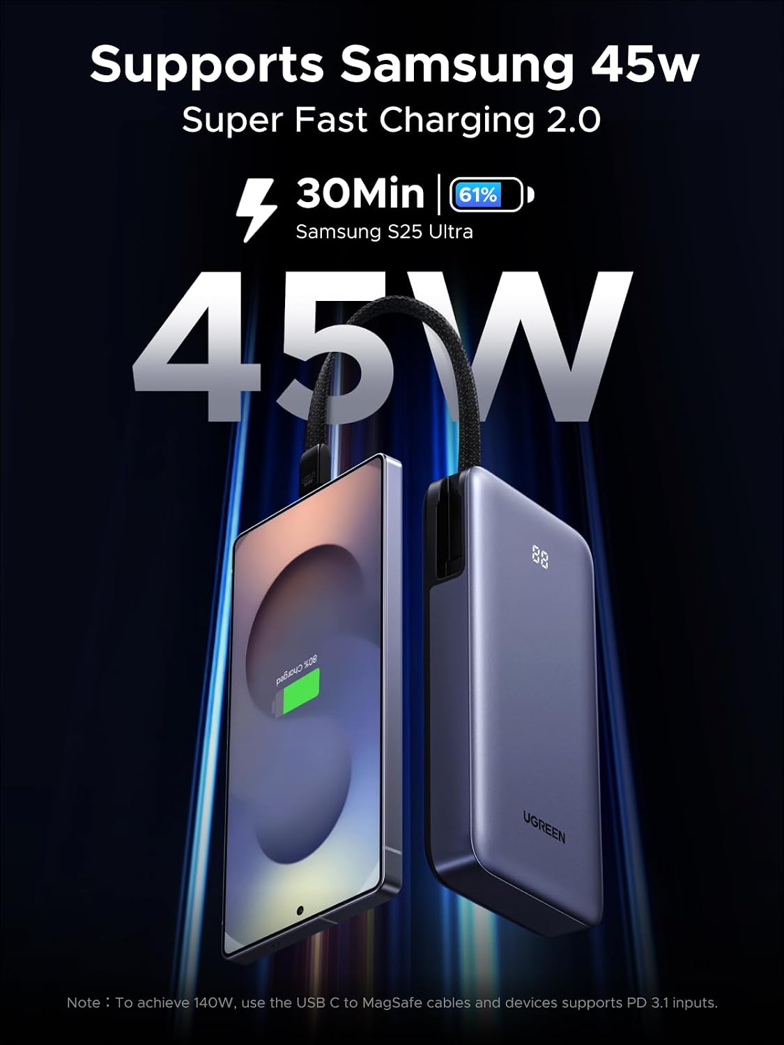 UGREEN Nexode 20000mAh 45W Power Bank, Built-in Cable for iPhone 17 Pro | Built-in USB-C cable, digital display, 3-port. Fast charges for iPhone 17 Pro, S26 Ultra, iPad Pro