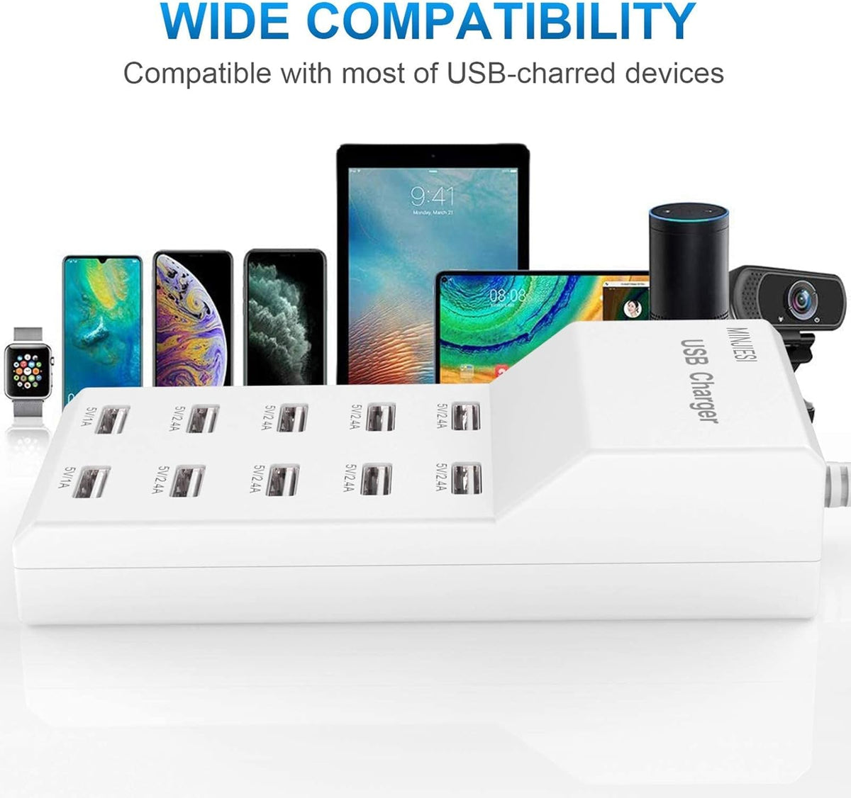 USB Charging Stations 50w10A 10 Ports Multiple Charging Block/Power USB Strip for iPhone Android Smartphone Tablet Smart Watch AirPods Samsung and Multiple Charger Plug…