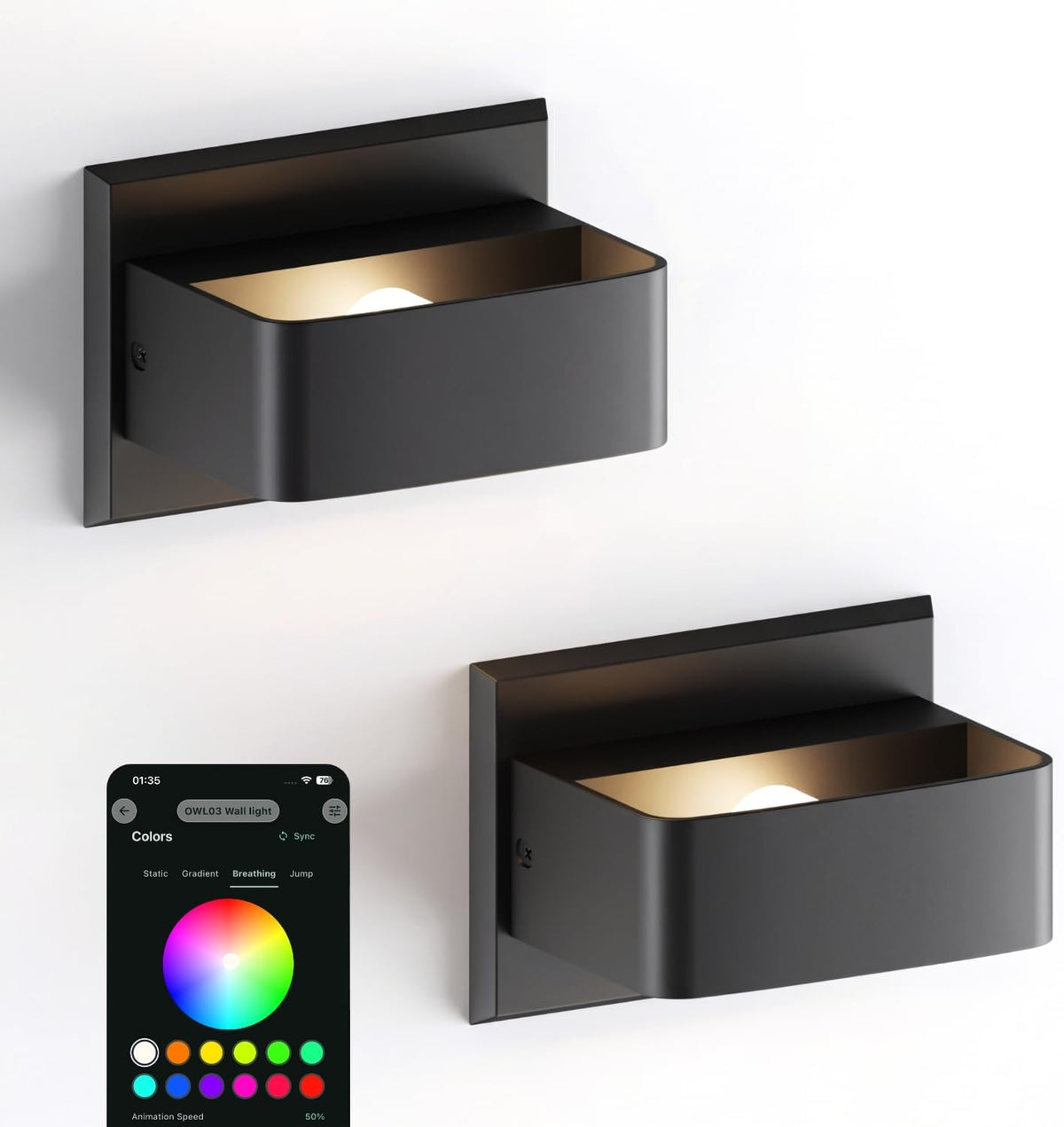 Outdoor Wall Lights, Smart RGB Color Changing Porch Lights with App Control, Hardwired Exterior Wall Sconces, Dimmable, Timer & Schedule, IP65 Waterproof for Front Door Garage Patio, 2 Pack
