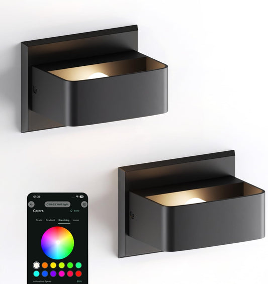 Outdoor Wall Lights, Smart RGB Color Changing Porch Lights with App Control, Hardwired Exterior Wall Sconces, Dimmable, Timer & Schedule, IP65 Waterproof for Front Door Garage Patio, 2 Pack