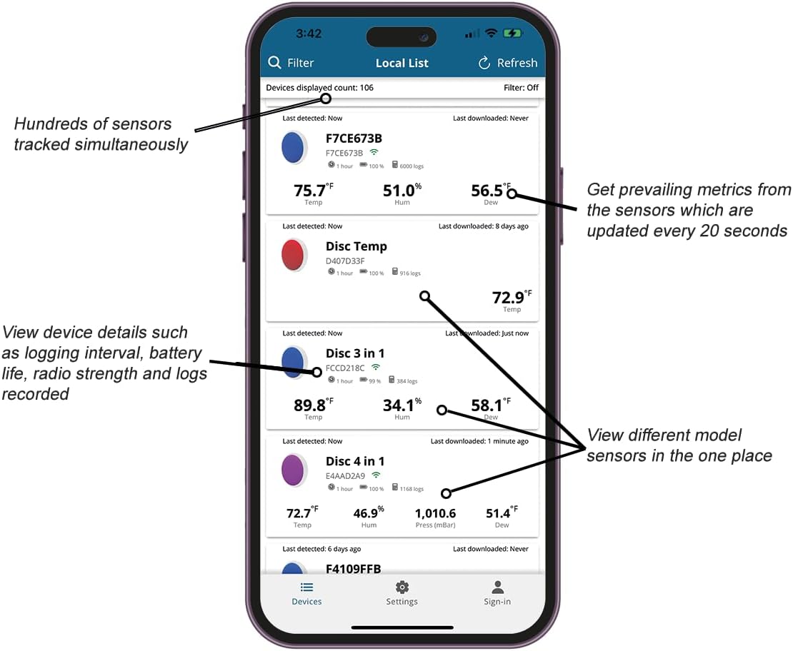 Bluetooth Compatible Thermometer, Hygrometer & Dew Point Sensor and Logger, Smart Temperature Humidity Monitor, Unlimited Phone Storage. Simple Data Export. Made in USA