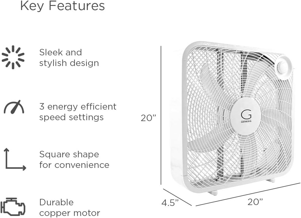 Genesis 20" Box Fan, 3 Settings, Max Cooling Technology, Carry Handle, White (G20BOX-WHT)