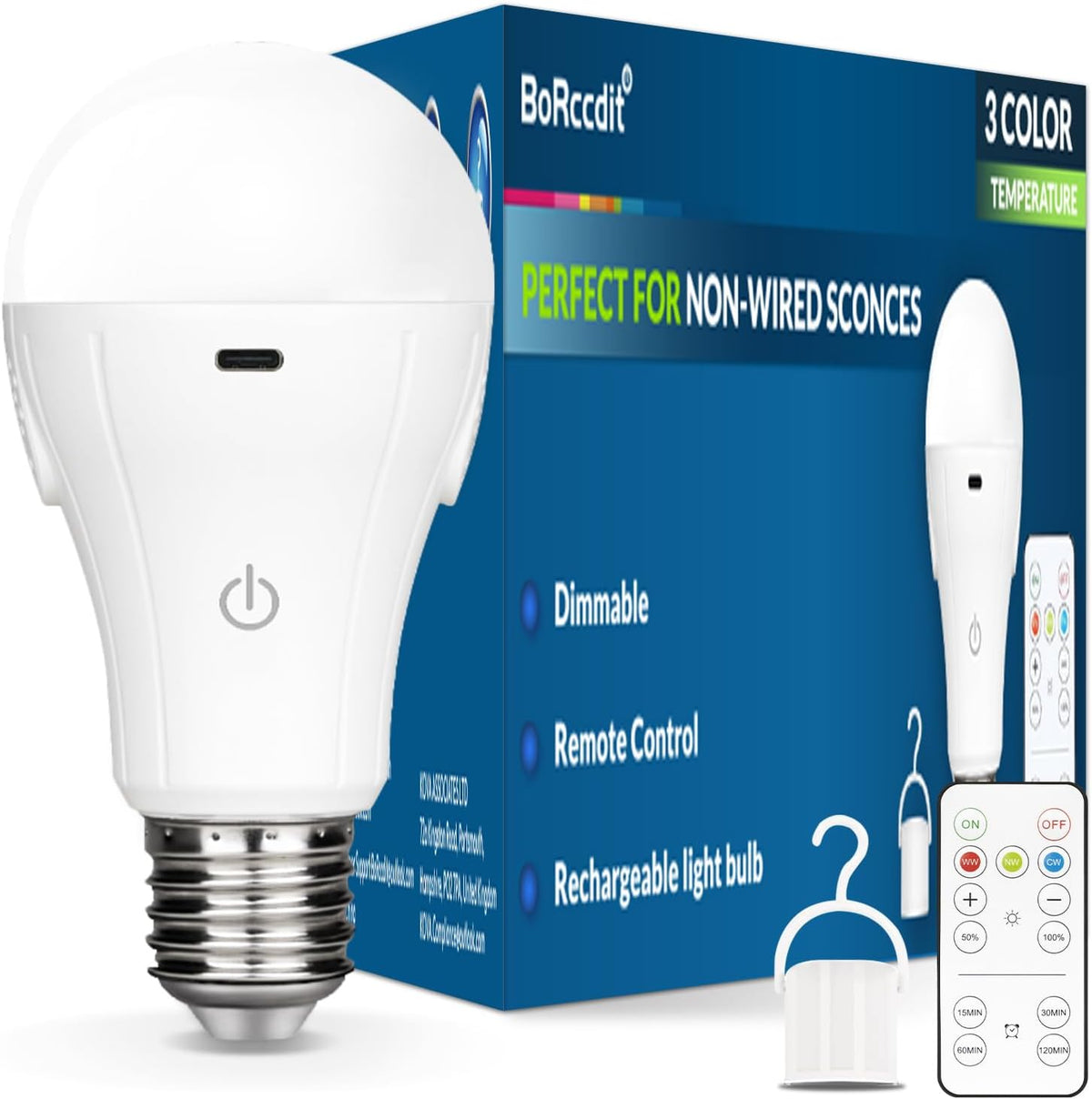 CordlessGlow Battery Operated Light Bulb with Remote，3 Colors + Dimmable + Touch Control Rechargeable Light Bulbs for no-Hardwired Fixture, up to 24 Hours,2Pack