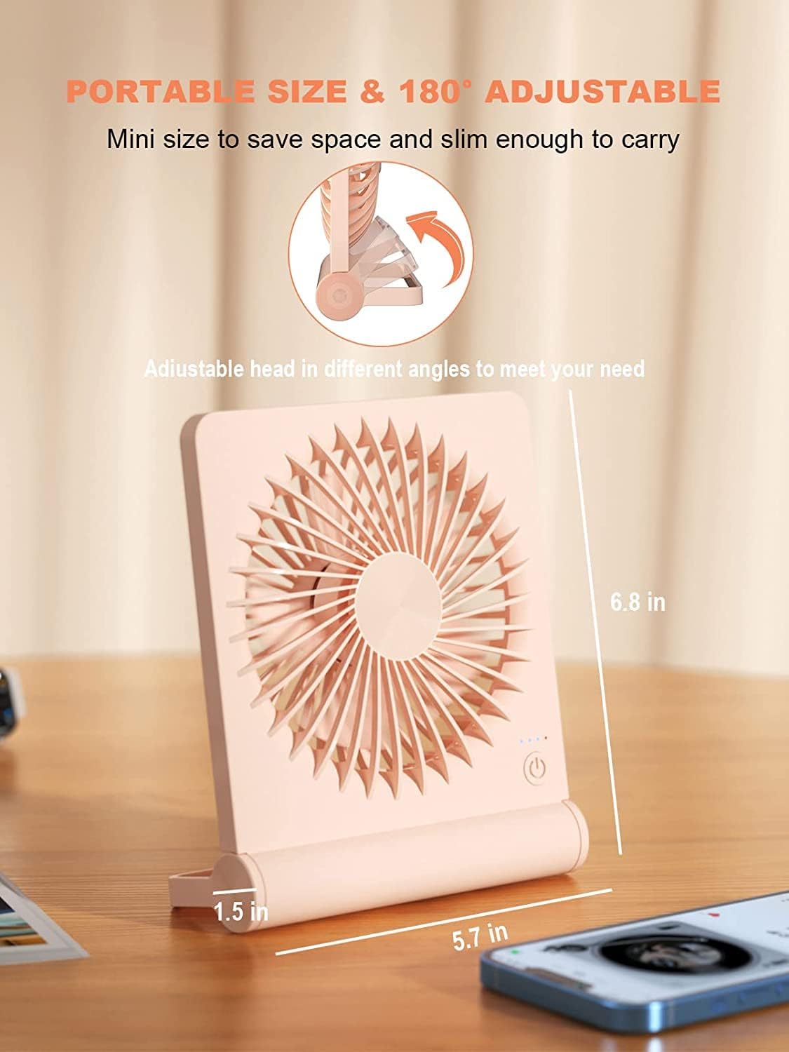 Desk Fan, Rechargeable Battery Operated, 3 Speeds Ultra Quiet Strong Wind | USB-C powered,180° tilt folding.25dB quiet.2000mAh battery:12/8.5/4.5hrs.Portable,personal fan for desk,office,home,bedroom.
