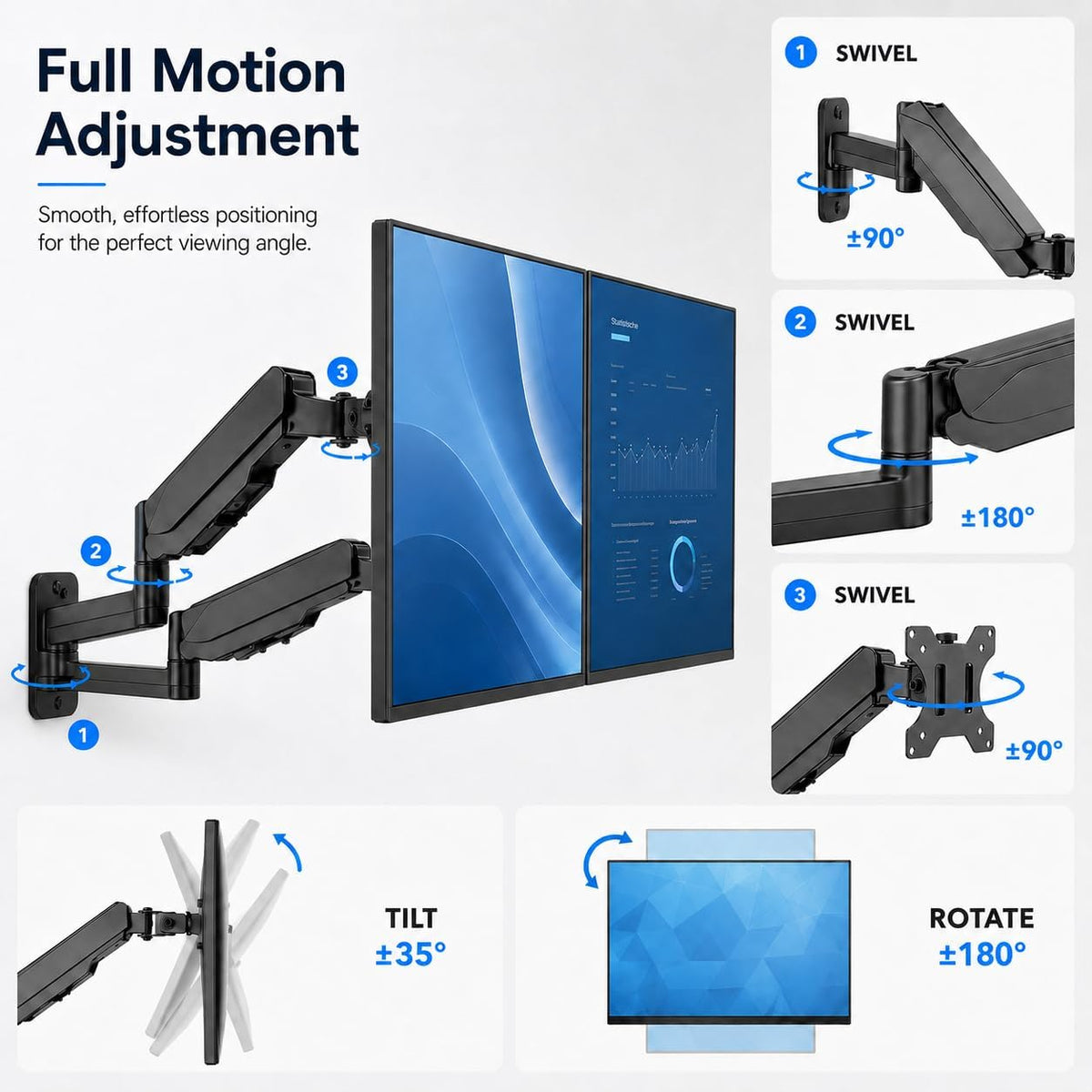 Mount-It! Dual Monitor Wall Mount Bracket - Double Computer Monitor Wall Mount With Two Height Adjustable Full Motion Arms Tilt up to 17" - 32" Inch Screens with 75, 100 VESA Patterns, 19.8 Lb Per Arm