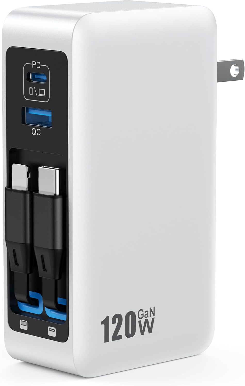 USB C Charger Block 120W with Built-in 2 Retractable Cables,4-in-1 GaN IV Charger Fast Charging Foldable Plug Wall Charger,PD 65W Laptop Charger for MacBook,iPad,iPhone 17/16/15/14,Galaxy,Android etc