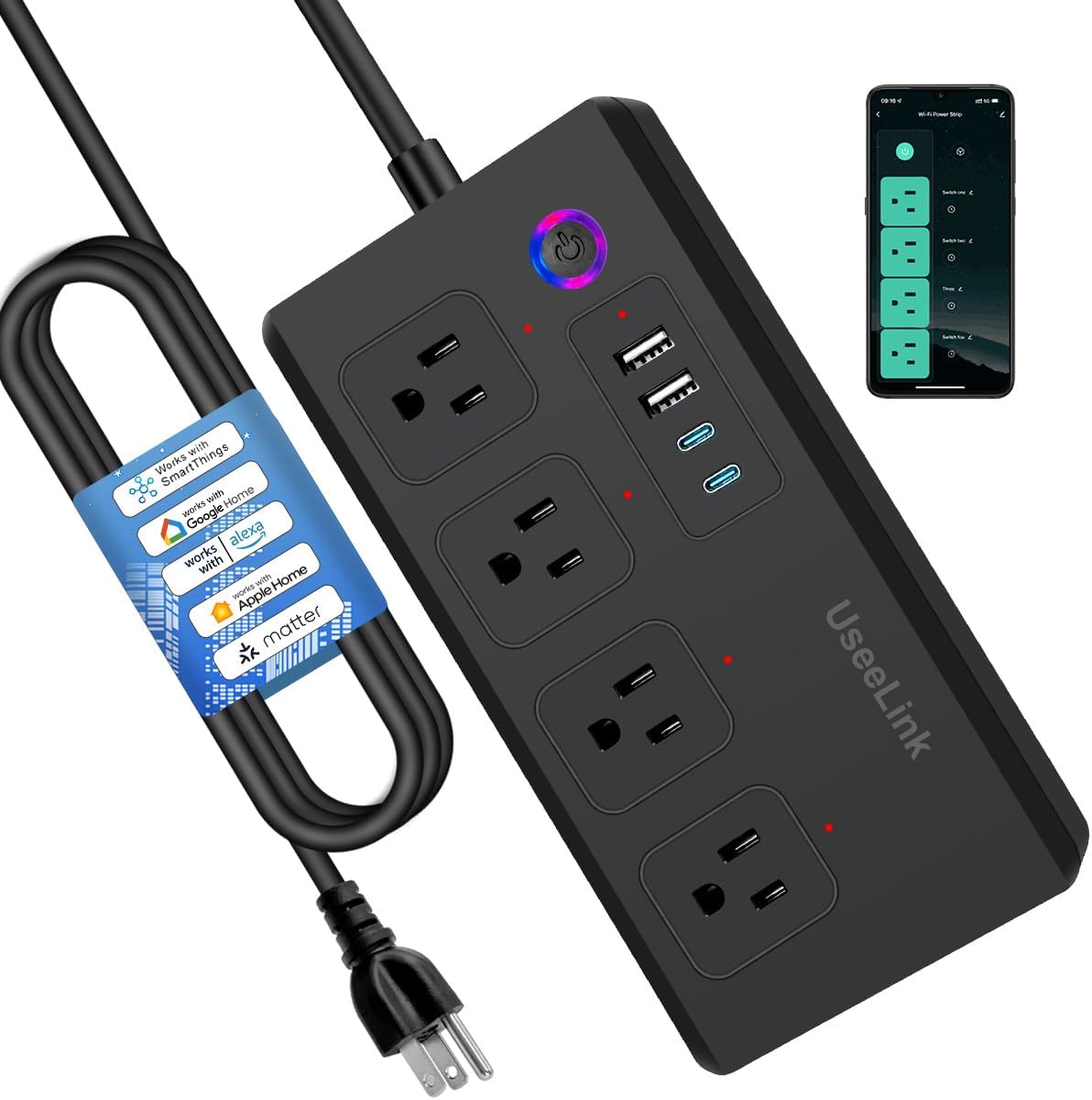 ZigBee Smart Plug Power Strip, Surge Protector with 4 Individually Controlled Smart Outlets and 4 USB Ports, 5FT Flat Extension Cord, Only for 2.4 GHz Wi-Fi, Compatible with Alexa & Google Home